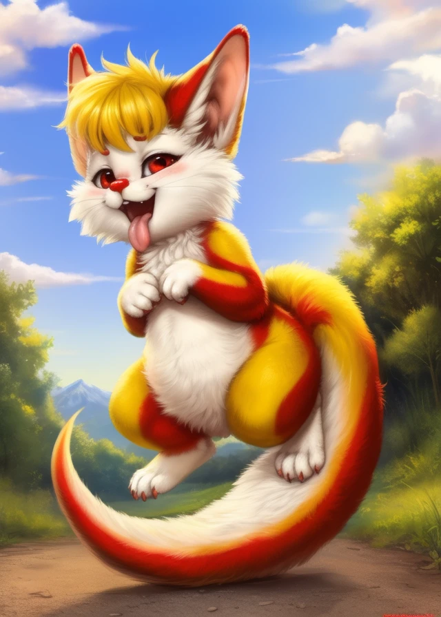 <lora:SnarfCatOsbertYIf:1> SnarfCatOsbertYIf, Snarf, big tail, red eyes, red nose,  furry, [road, earth, forest, trees, sky, clouds, mountains,]  solo, 
 looking at viewer, to his full height, (beautiful, aesthetic, perfect, delicate, intricate, masterpiece, ) chibi, (winking face with tongue)
[by kenket|by totesfleisch8], by thebigslick:by silverfox5213:0.8], [by syuro, by paloma-paloma::0.2, (Tricksta, TotesFleisch8)