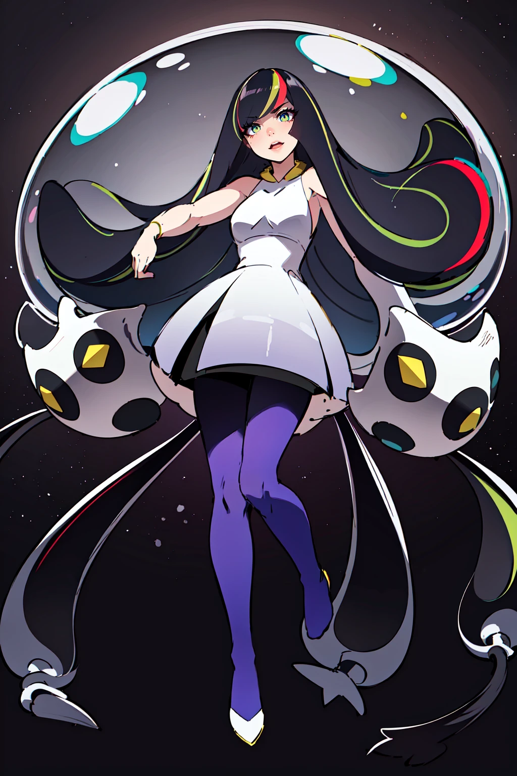 (masterpiece, perfectly detailed, detailed face, detailed eyes, beautiful eyes), highres, Nihilamine, Mother_Beast, Lusamine_Fused (pokemon), lusamine (pokemon), 1girl, sleeveless dress, hair over one eye, pokemon (creature), open mouth, smile, blonde hair, black hair, white dress, multicolored hair, streaked hair, bare arms, diamond (shape), yellow eyes, pantyhose, bangs, short dress, :d, multicolored legwear, teeth, full body, bare shoulders, looking at viewer, jellyfish, bubble<lora:EMS-352742-EMS:0.800000>