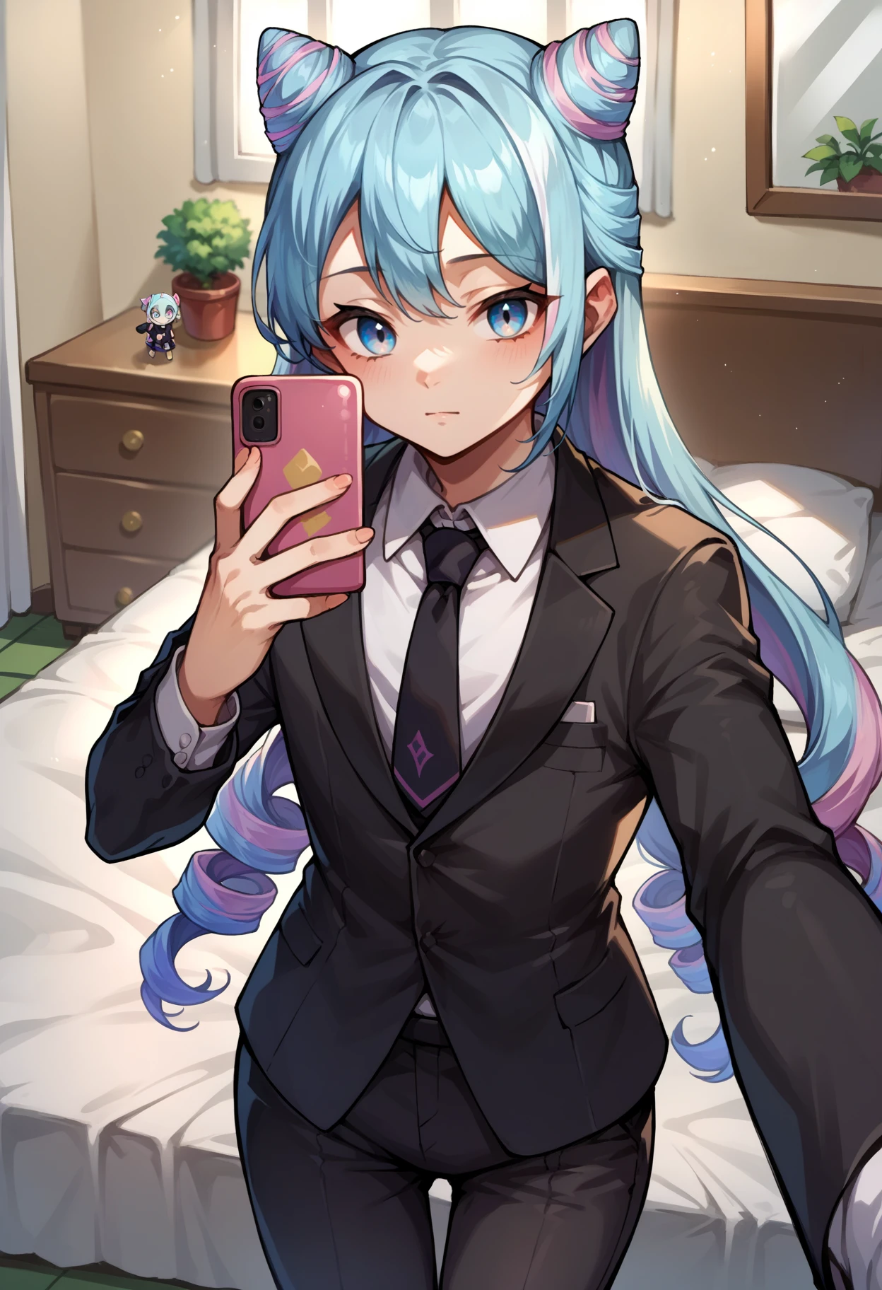 score_9, score_8_up,score_7_up, source_anime, 1boy, solo, otoko no ko, <lora:EPfeRosadoPony_epoch_6:0.75>, EPfeRosado, blue hair, multicolored hair,blue eyes, very long hair, pink hair, twin drills, drill hair, hair bun, cone hair bun, crossdressing, 
 business suit, black pants, white collared shirt, black suit, black jacket, black necktie, selfie, taking picture, mirror selfie, bedroom, bed, mirror,