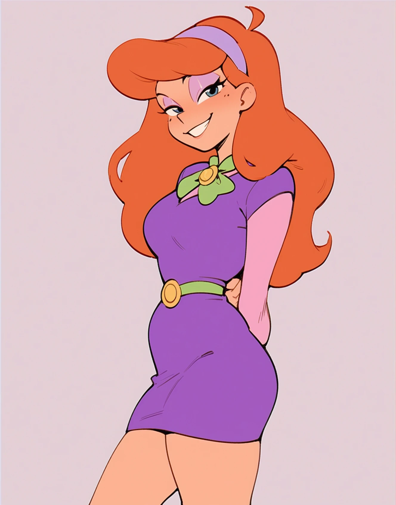 score_9, score_8_up, score_7_up, score_6_up, score_5_up, futanari, solo, standing, looking at viewer, daphne blake, bedroom eyes, smirk, hands behind back, short_dress, orange hair, long hair, <lora:Dezz_Art_Style_Pony:1>
