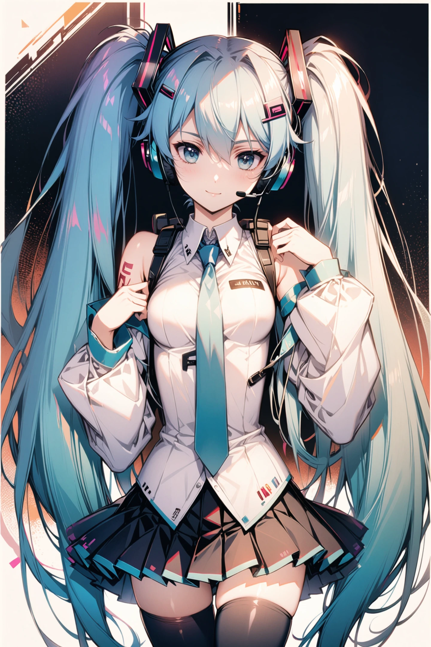 1girl,solo,hatsune miku,long hair,twintails,thighhighs,skirt,detached sleeves,necktie,headset,black thighhighs,looking at viewer,shirt,zettai ryouiki,black skirt,pleated skirt,very long hair,tattoo,headphones,cowboy shot,white shirt,bare shoulders,aqua eyes,aqua hair,breasts,sleeveless,smile,closed mouth,bangs,blue eyes,long sleeves,sleeveless shirt,frills,hair between eyes,hair ornament,blue hair,miniskirt,shoulder tattoo,blue necktie,<lora:flyx3_XL:1>,