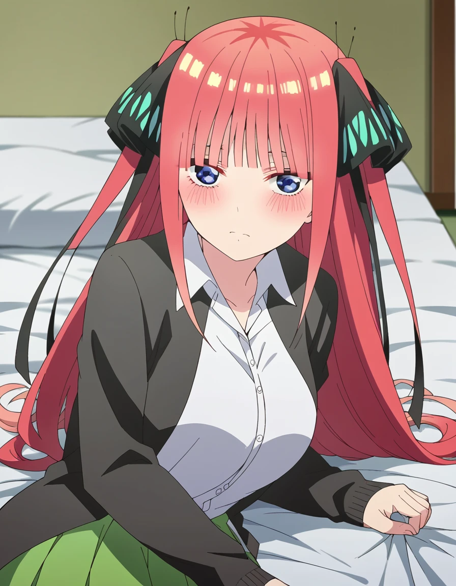 score_9, score_8_up, score_7_up, source_anime,
ninonakano, <lora:nino-nakano-s2-ponyxl-lora-nochekaiser:1>,
nino nakano, long hair, bangs, blue eyes, hair ornament, hair ribbon, pink hair, blunt bangs, two side up, butterfly hair ornament, mature female,
skirt, shirt, long sleeves, white shirt, pleated skirt, open clothes, collared shirt, sleeves past wrists, dress shirt, cardigan, green skirt, open cardigan, black cardigan,
indoors, bed, bed room, on side, blush, drunk,
looking at viewer, cowboy shot, dutch angle, solo,