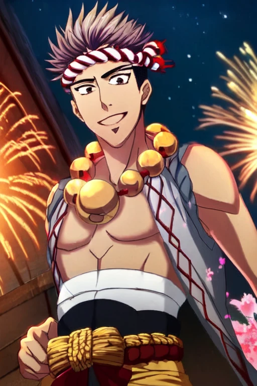 (masterpiece),(best_quality),fireworks,at night,1boy,bara,kongoutou,close mouth,smile,nejiri hachimaki,bead necklace,bare shoulders,bracers,pectorals,sarashi,shimenawa belt,spider lily print japanese clothes,<lora:Kongoutou:1>,