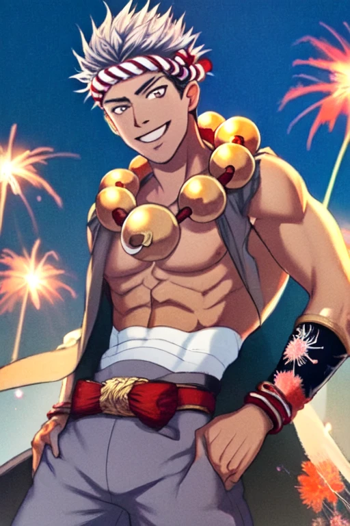 (masterpiece),(best_quality),fireworks,at night,1boy,bara,kongoutou,smile,nejiri hachimaki,bead necklace,bare shoulders,pectorals,sarashi,bracers,spider lily print japanese clothes,baggy pants,<lora:Kongoutou:1>,
