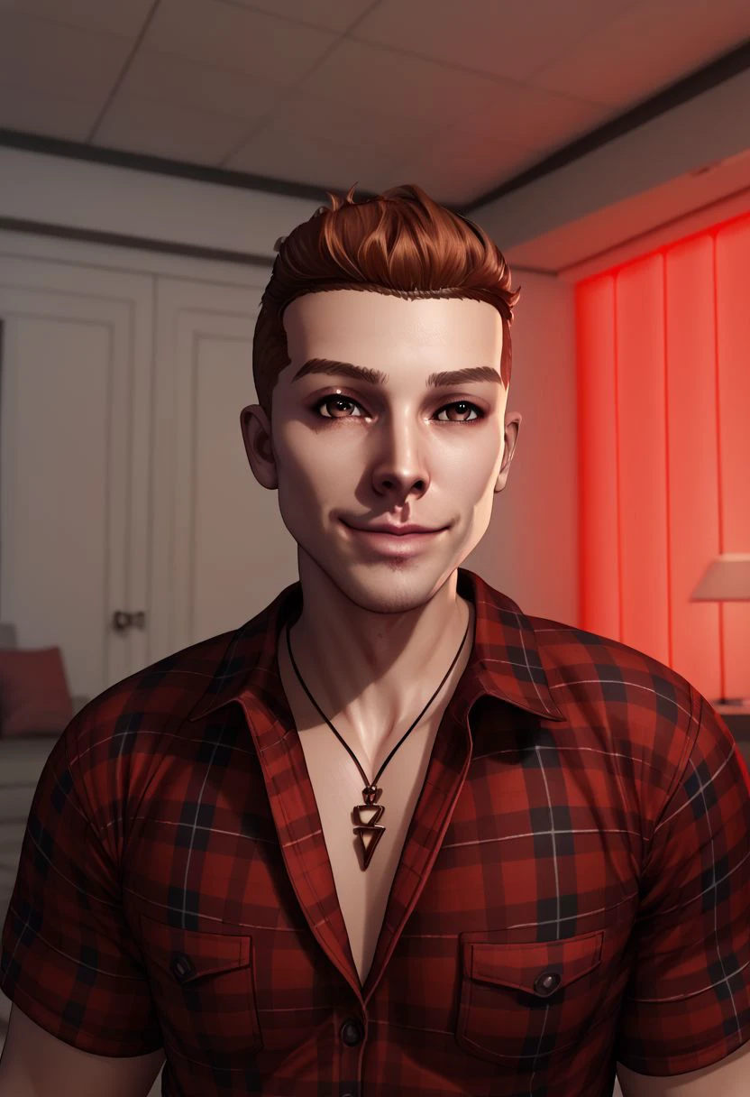 rpskxzt, solo, shirt, brown eyes, jewelry, necklace, red shirt, brown hair, plaid shirt, 1boy, male focus, indoors, plaid, upper body, realistic, smile, rembrandt lighting, red lights, sidelighting, score_9, score_8_up, score_7_up, score_6_up, score_5_up, score_4_up