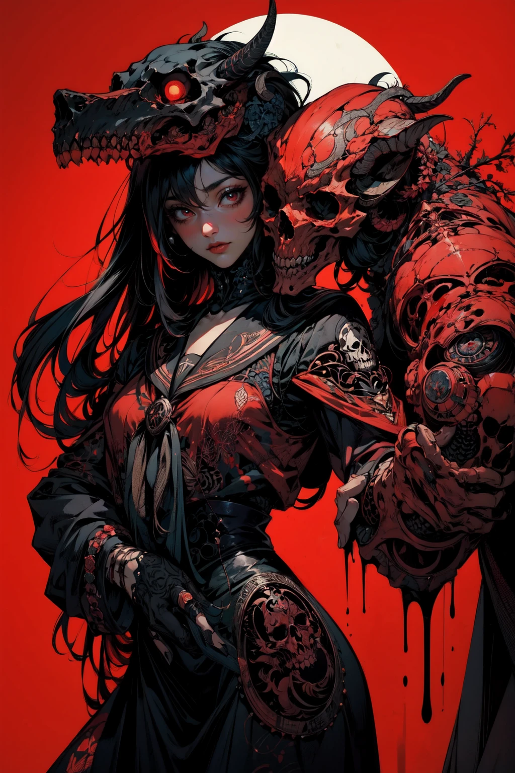 official art, unity 8k wallpaper, ultra detailed, masterpiece, best quality, (zentangle, mandala, tangle, entangle), flat color, limited palette, 1girl, serafuku, long straight black hair, lycoris flower, goat skull, (red, black), blood, cyberpunk mask, lovecraftian, cute girl, 3+shadow men, cyberpunk, red background