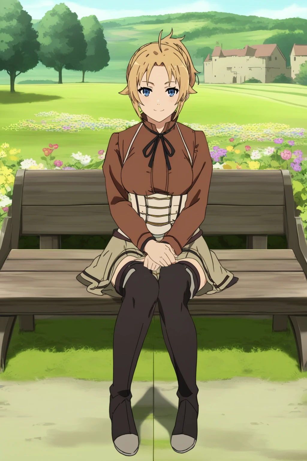 ,,,masterpiece,best quality,highres,4k,8k,intricate detail,cinematic lighting,perfect_eyes,High face detail,rating_explicit,high resolution,detailed eyes,
(score_7_up), source_anime,anime coloring,anime,(anime screencap),,zPDXL,
,,detailed background,, day, outdoors, flower field, (village), Medieval architecture, medieval.
,sitting, looking at viewer, full body, light smile, sitting on bench,
, skirt, shirt, thighhighs, long sleeves, ribbon, boots, black thighhighs, thigh boots, brown shirt,short skirt,
,,zenith greyrat,mushoku tensei, short hair, blonde hair, blue eyes, ahoge, parted bangs, short ponytail,mature female,
, <lora:Zenith_Greyrat_PonyXL_v1:0.75>