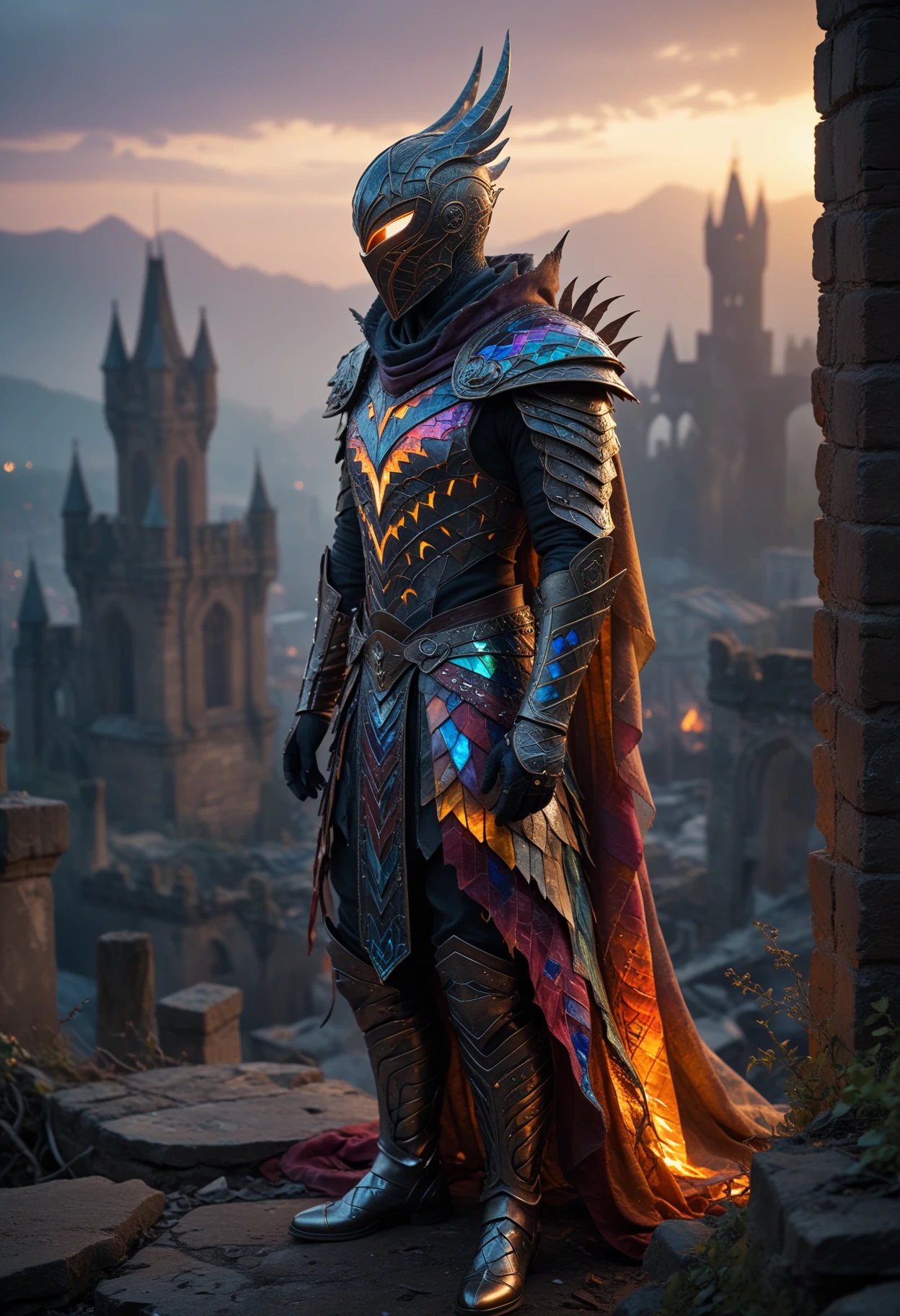 bargello style, flamestitch, zigzag, colorful, patterned a mysterious figure shrouded in misty twilight, standing amidst a ruined cityscape, clad in tattered, iridescent silks and ornate leather armor, with an otherworldly aura surrounding their ethereal features, capturing the essence of forgotten lore and mysticism.
many details, extreme detailed, full of details,
Wide range of colors.
Many details everywhere. soft shadows. Low saturation colors. Insane quality. Insane resolution. Insane details. Masterpiece. 32k resolution.
Dramatic,Dynamic,Cinematic,Sharp details