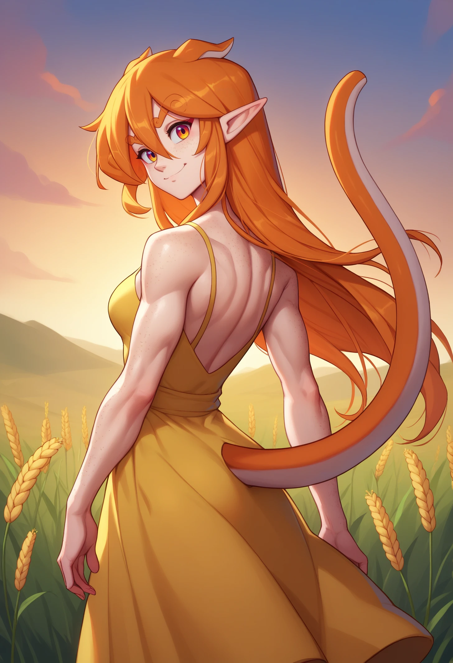 masterpiece, best quality, 1girl, dragon girl, two-tone skin, colored skin, red skin, body markings, blue spikes, dragon horns, blue horns, blue eyes, fang, orange hair, short hair, single sidelock, lizard tail, red tail, , sharp nails, nail polish, muscular female,
yellow sundress, sunhat, backless dress, 
looking at viewer, smile, blush, parted lips, looking back, back, holding wheat, biceps, flexing,
outdoors, wheat field, sunset,
<lora:Arklai-Croxot-NoobAi-1.1_V1-Manityro-CAME:1.0>
