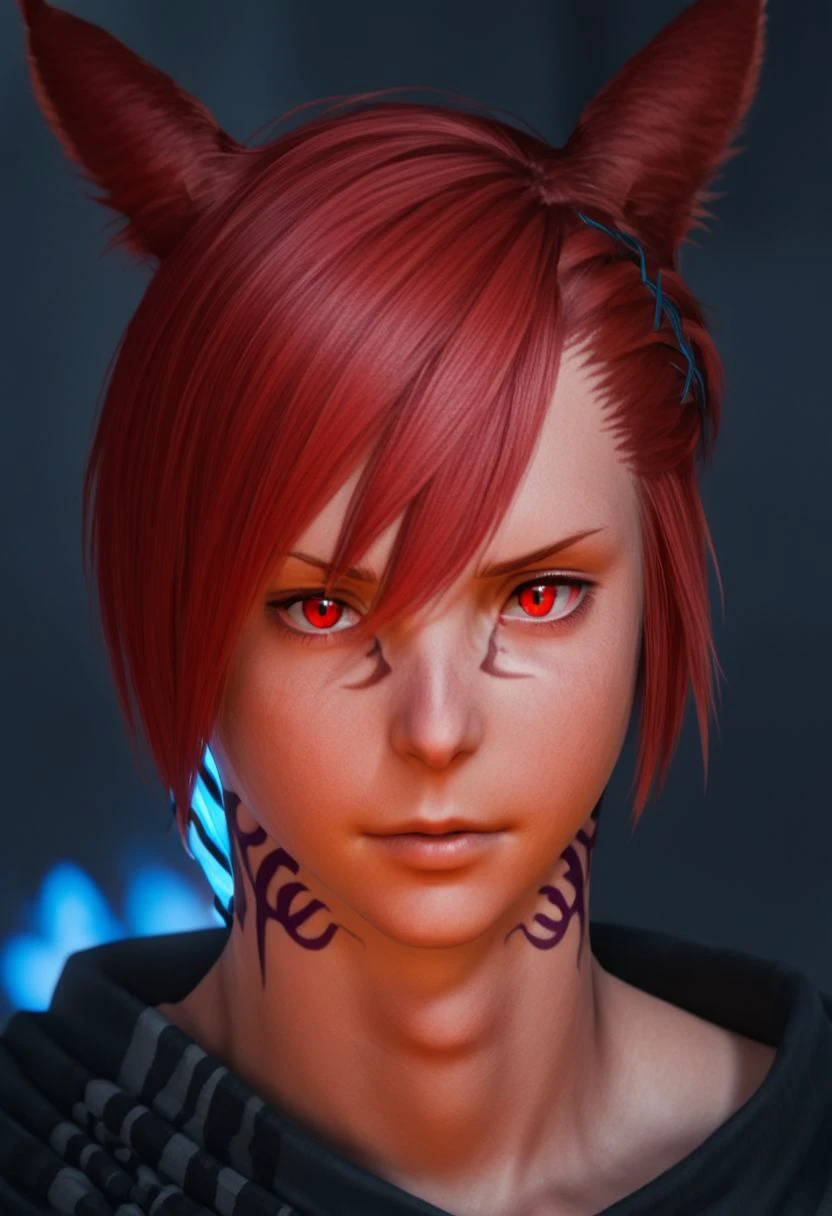 grahatiaffxivdsk, 1boy, male focus, solo, animal ears, red eyes, red hair, tattoo, miqo'te, neck tattoo, cat ears, looking at viewer, hair between eyes, facial mark, hair ornament, x hair ornament, bangs, holding, glowing, slit pupils, braid, short hair, portrait, jewelry, short ponytail, cinematic angle, cinematic lighting, best anatomy, official art, masterpiece, best quality