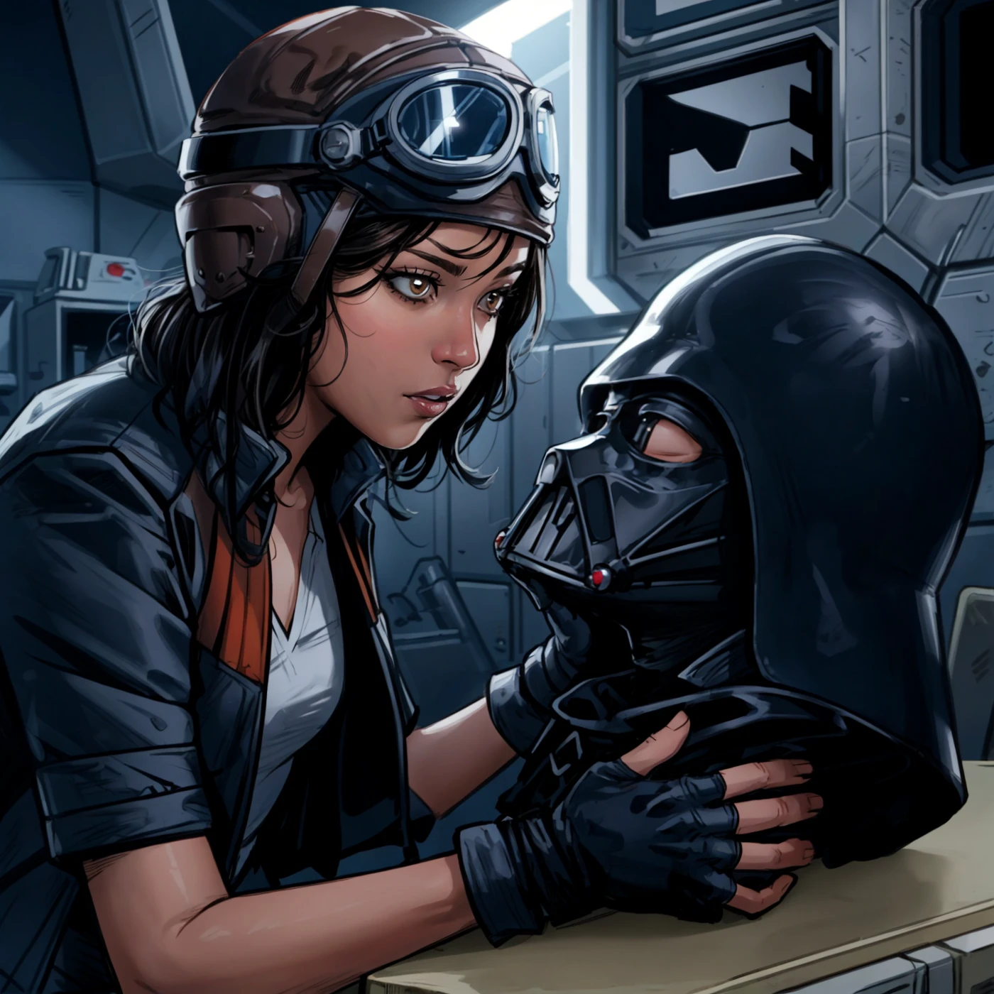 <lora:add_detail:0.5>, best quality, comic, 1girl, solo, (looking down, big brown eyes:1.20), <lora:Aphra_Merged:0.8>, aphra looking at Darth Vader's helmet on desk, parted lips, goggles on leather helmet