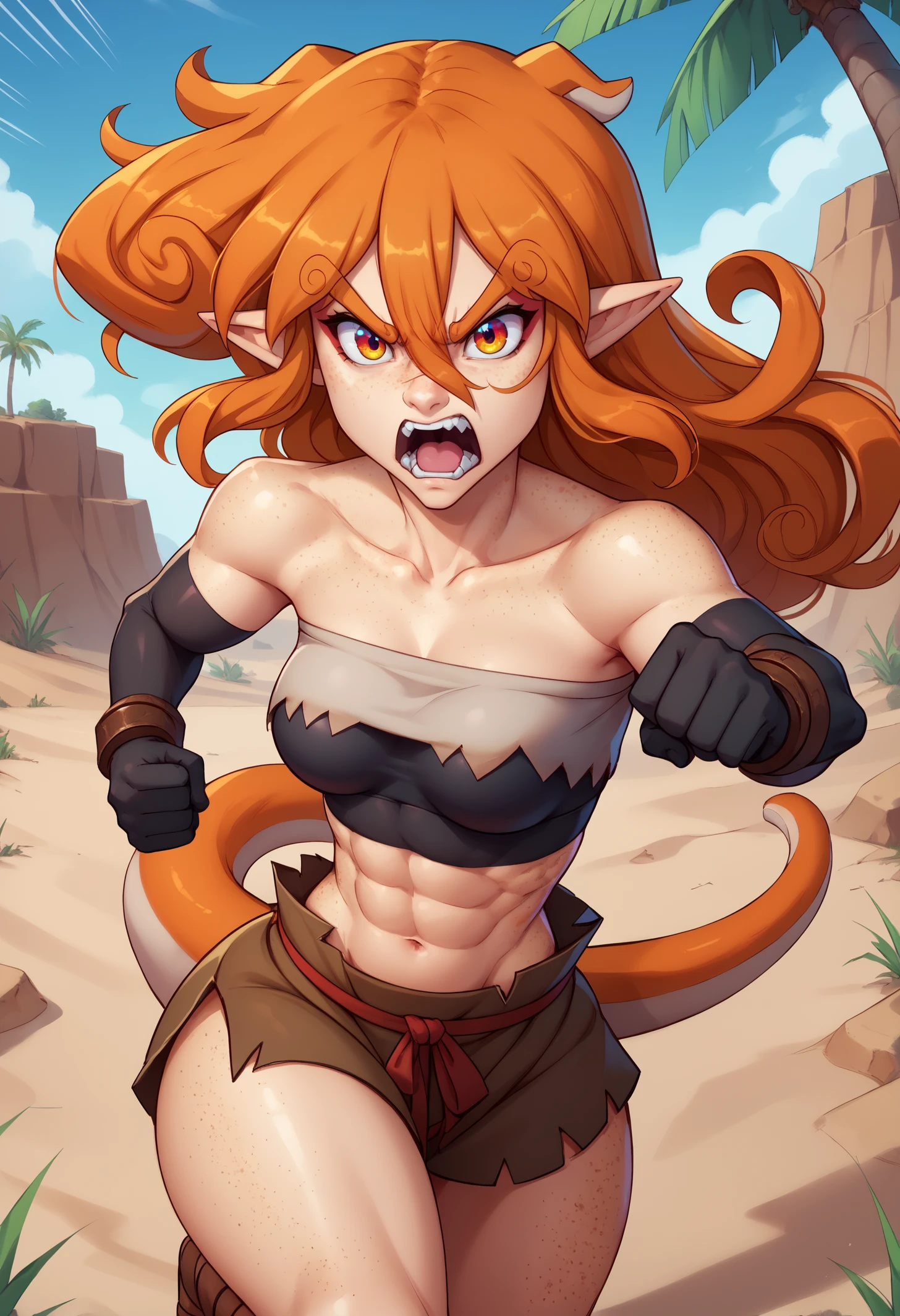 score_9, score_8_up, score_7_up, BREAK 1girl, solo, wonhan, freckles, multicolored eyes, pointy ears, animal ears, lizard tail, orange hair, long hair, hair between eyes, medium breasts, <lora:WonhanPDXL_V1-Manityro-CAME:1.0>, outdoors, desert, palm tree, 
looking at viewer, open mouth, roaring, angry, toned, charging, running towards viewer, fist, side view, motion lines, speed lines, 
tribout, tribal, layered clothing, tube top, elbow gloves, black gloves, bracelets, brown legwear, leg cutout