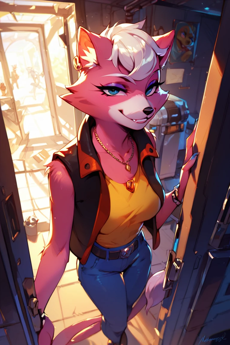 score_9, score_8_up, score_7_up<lora:Katt_Monroe_Starfox:1>, 1girl, Katt monroe, furry, in spaceship, standing, seductive smile, beckoning, doorway