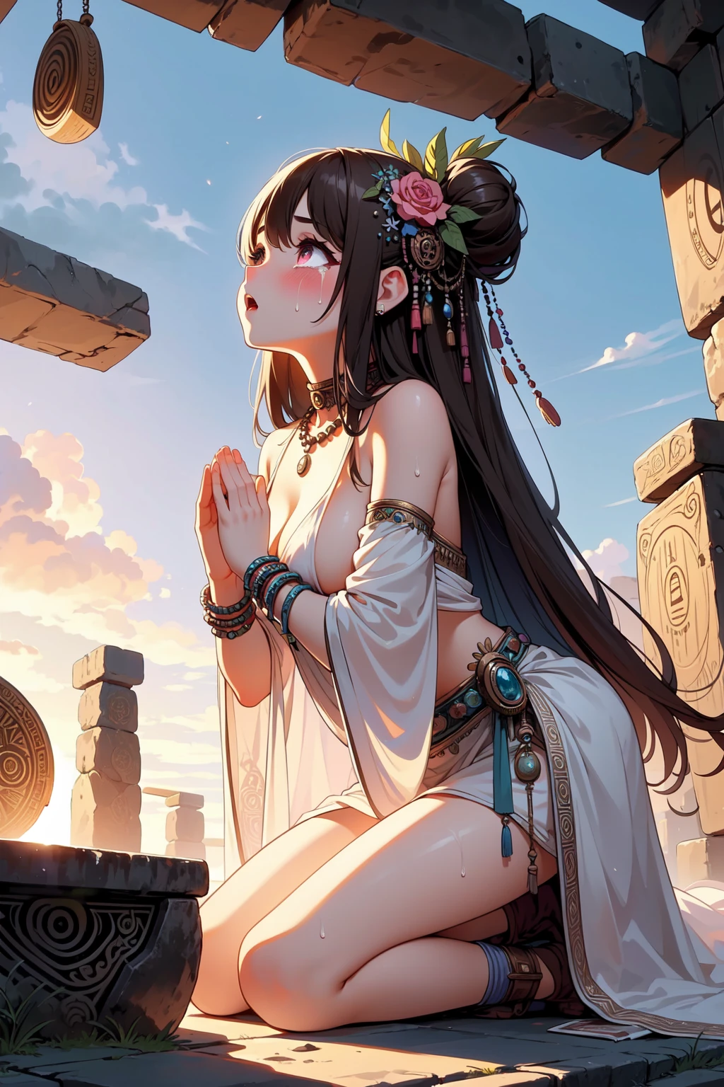 (((masterpiece))), (((best quality))), (((from below))), ((ancient altar)), ((looking up)), ((hands together)), crying, druid shaman bra, see-through sleeves, ethnic attire, jewelry, choker, hair ornament, hair flower, floating hair, earrings, gem, beads, pearl, bracelet, necklace, stonehenge, gradient colorful cloudy sky, solo, 1girl, kneeling, brown hair, absurdly long hair, ribbon, cleavage, sideboobs, big breasts, sweat, shy, blush, slim figure, <lora:girllikeancientaltar:0.8>