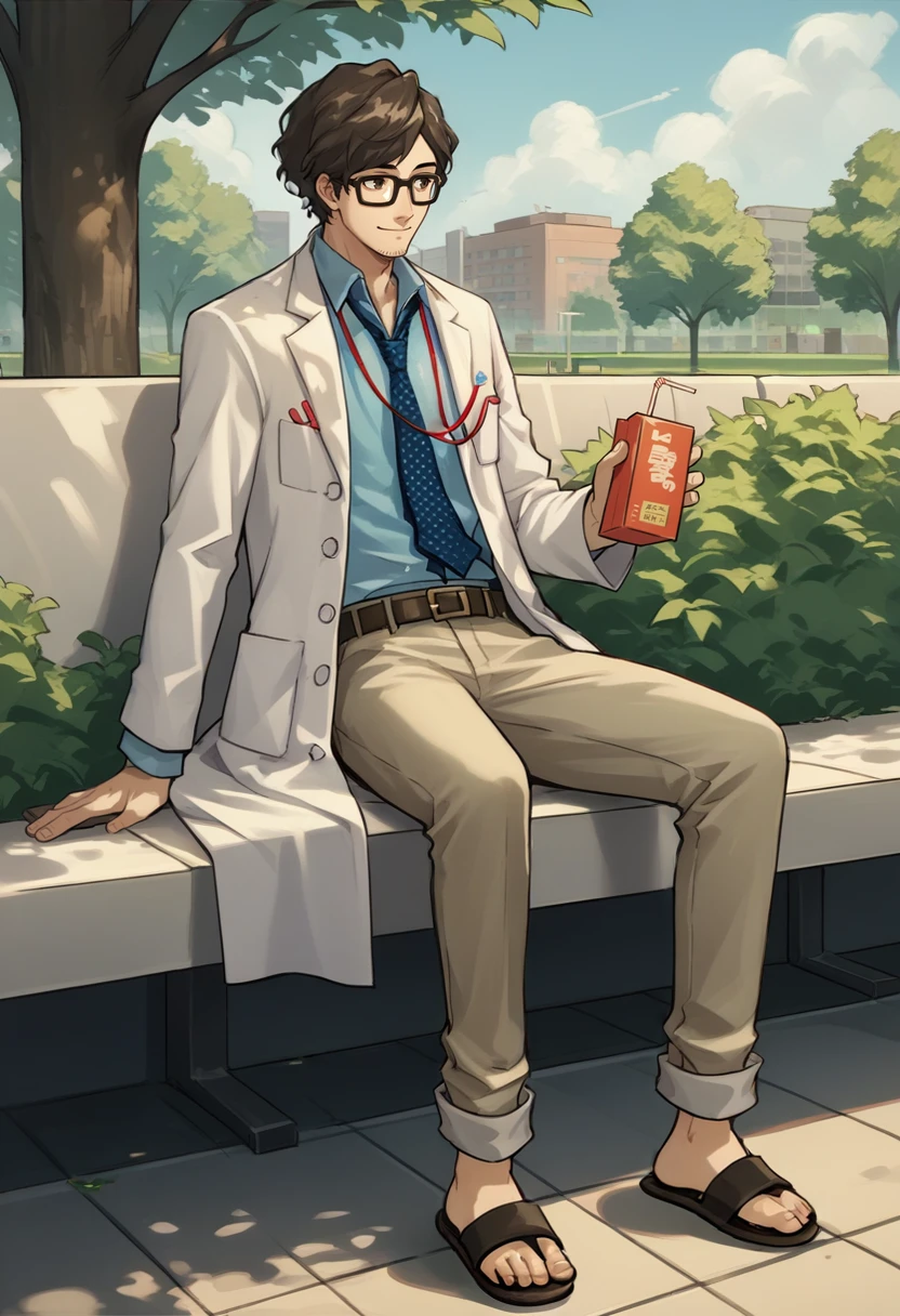 score_9, score_8_up, score_7_up, source_anime, 1boy, solo, looking to the side, smile, sitting, holding juice box, drinking straw, <lora:MarukiP5-pdxl:1> marukiP5, glasses, labcoat, lanyard, blue shirt, necktie, stubble, belt, pants, sandals, outdoors, park, tree, sky