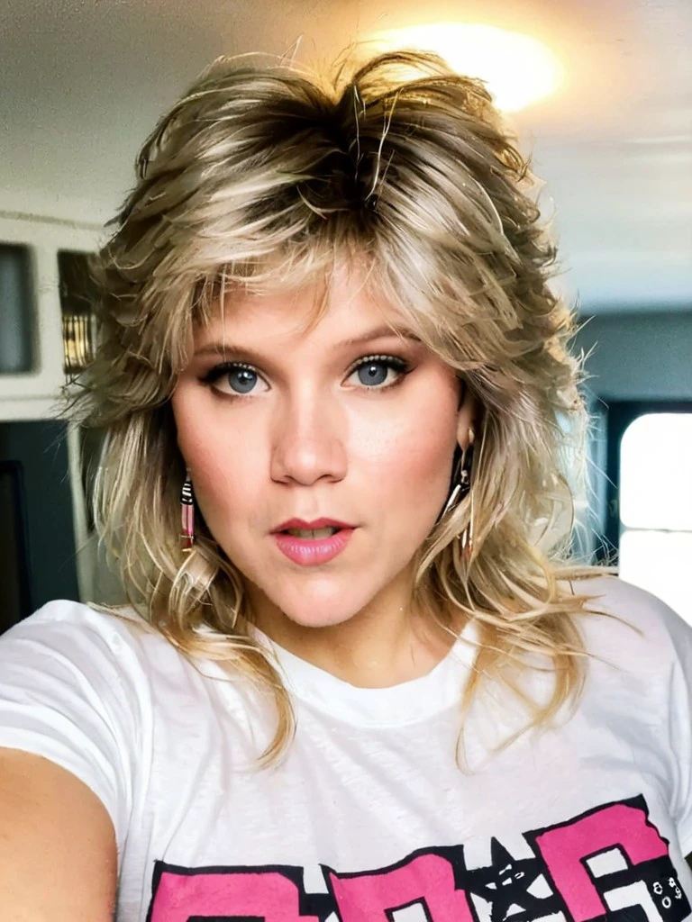 selfie of samantha fox with 80s hair wearing a t-shirt,50mm lens,detailed eyes <lora:SamFox:1.0>