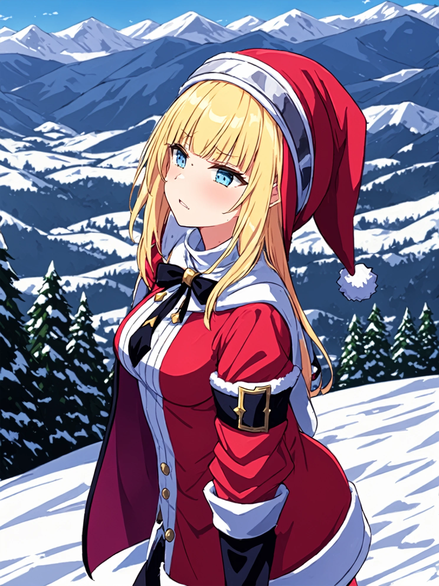 masterpiece, best quality,
(cel shading),
<lora:exorcistcharlotte.sdxl.v1:0.85>
exorcistcharlotte, 
1girl,solo, santa costume, santa hat,
winter, snow, mountains,