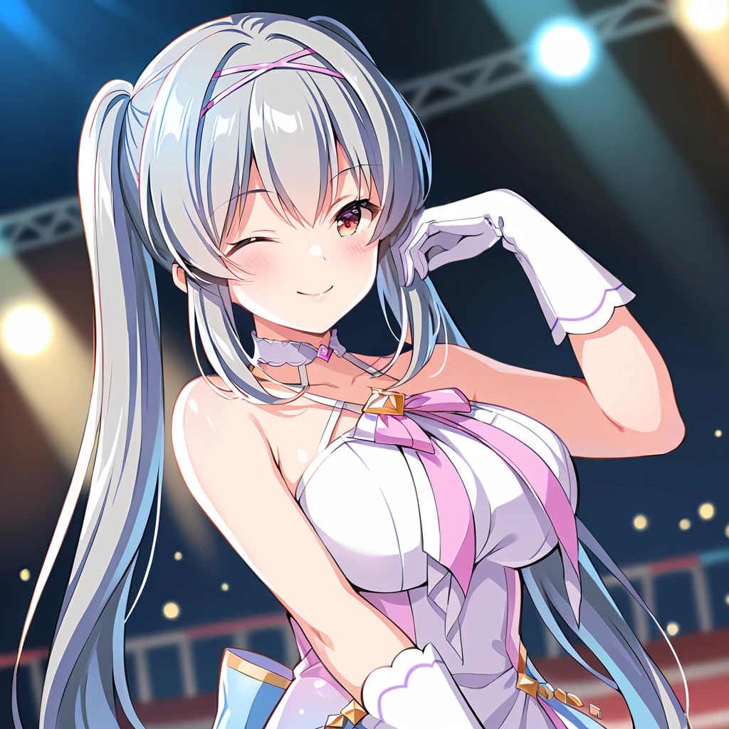 [high quality, best quality], [cinematic],1girl,solo,tendorui,(high pigtails),TRui idolcostume,looking at viewer,high heel boots,white glove,on stage ,depth of field, bokeh, bloom, hdr, Smiling with eye closed, deep in thought,blush,pink underwear,,singing, large breasts,outdoor,cinematic_angle, <lora:TRUI2:0.71>