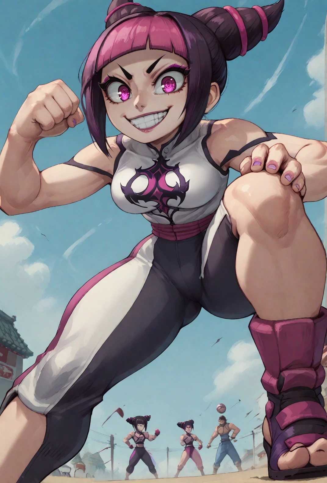 score9, score_8_up, score_7_up, Juri Han from street fighter kicking the viewer, action pose, fists, evil smile, menacing, from below, close up, pov, fisheye lens, five fingers on one hand, <lora:Glorp_Bingo_Mega_Mix-000013:0.9> glorpbingomegamix1