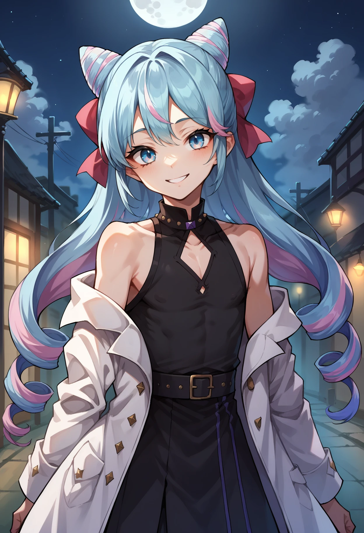 score_9, score_8_up,score_7_up, source_anime, 1boy, solo, otoko no ko, <lora:EPfeRosadoPony_epoch_6:0.75>, EPfeRosado, blue hair, multicolored hair,blue eyes, very long hair, pink hair, twin drills, drill hair, hair bun, cone hair bun, crossdressing,
flat chest, smile, white trench coat, breast padding,standing,empty streets,night,fog,moon,