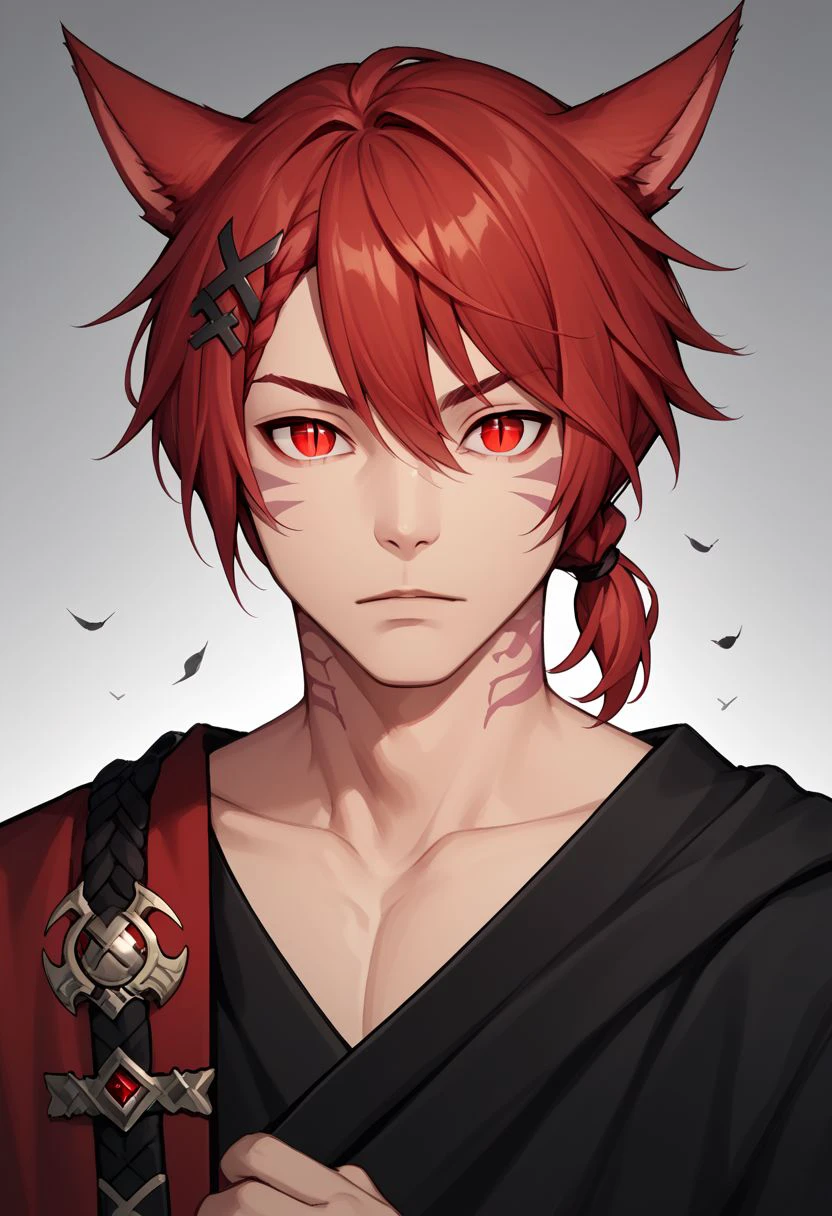 grahatiaffxivdsk, 1boy, male focus, solo, animal ears, red eyes, red hair, tattoo, miqo'te, neck tattoo, cat ears, looking at viewer, hair between eyes, facial mark, hair ornament, x hair ornament, bangs, holding, glowing, slit pupils, braid, short hair, portrait, jewelry, short ponytail, PonyXLV6_Scores zPDXL