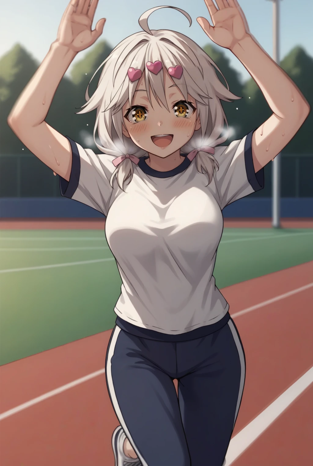 score_9, score_8_up, source_anime BREAK solo, looking at viewer, cowboy shot,
<lora:yuiPdxlDwnsty-000008:0.8>,yui alternate, yellow eyes, white hair, ahoge, low twintails, heart hair ornament, white shirt, track pants, sneakers,
smile, medium breasts, blush, running, sweat, arms up, open mouth, heavy breathing, motion blur,
outdoors, running track, school yard,