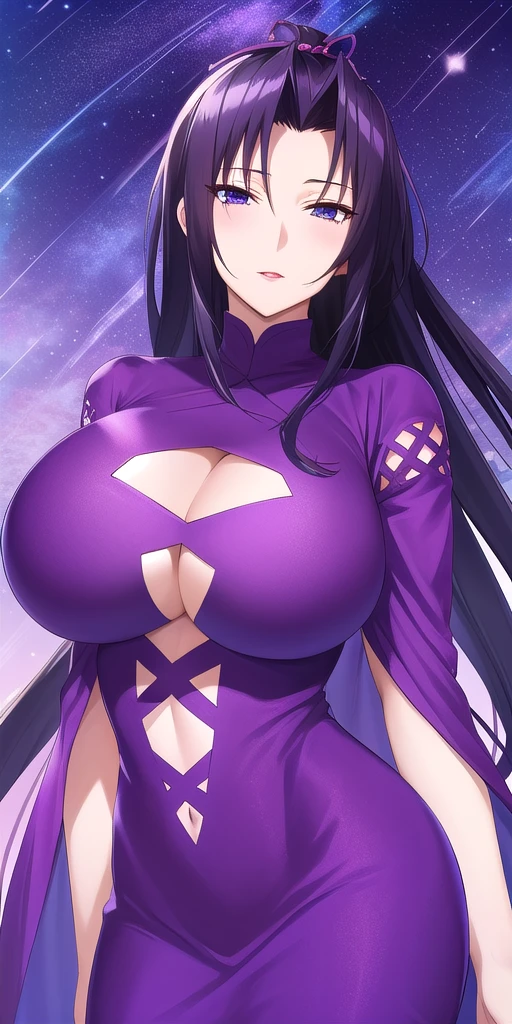 <lora:KazehanaV2:0.7> kazehanasekirei, huge_breasts,  standing, solo, purple_turtleneck_short_dress_wide_sleeves_clothing_cutout_cross-laced_clothes, starry_sky,, masterpiece, best_quality, detailed_face, detailed_eyes, highres, beautiful, detailed, absurdres,