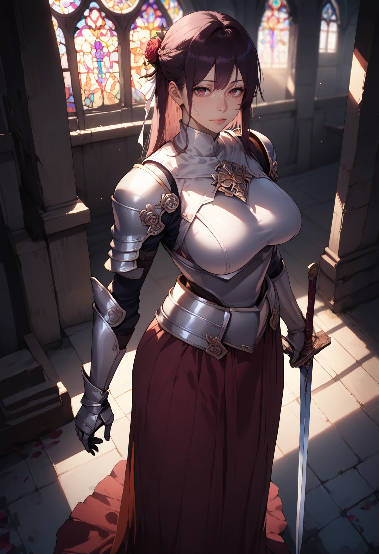 score_9, score_8_up, score_7_up, concept art, minomi, a female knight in full armor is standing and looking at viewer, half updo, detailed beautiful face, large breasts, long skirt, abandoned church, blooming roses, sword, low light, dark theme, from above,