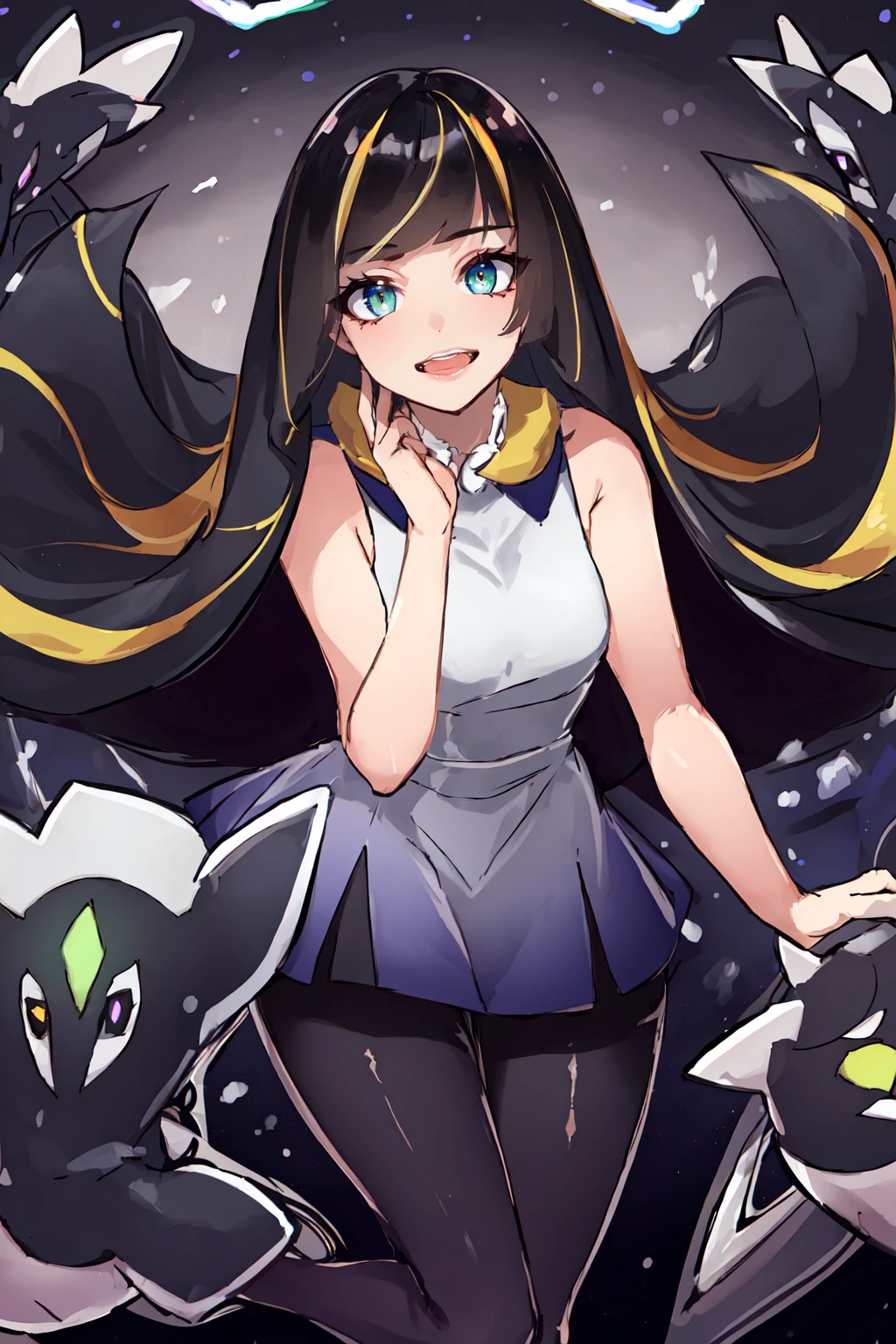 (masterpiece, perfectly detailed, detailed face, detailed eyes, beautiful eyes), highres, Nihilamine, Mother_Beast, Lusamine_Fused (pokemon), lusamine (pokemon), 1girl, sleeveless dress, pokemon (creature), bare arms, streaked hair, green eyes, diamond (shape), blonde hair, multicolored hair, blunt bangs, looking at viewer, pantyhose, open mouth, short dress, black hair, evil smile, bare shoulders, leggings, glowing<lora:EMS-352742-EMS:0.800000>