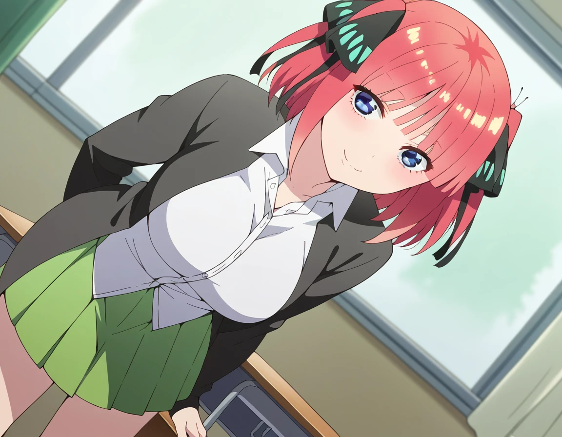 score_9, score_8_up, score_7_up, source_anime,
ninonakano, <lora:nino-nakano-s2-ponyxl-lora-nochekaiser:1>,
nino nakano, short hair, bangs, blue eyes, hair ornament, hair ribbon, pink hair, blunt bangs, two side up, butterfly hair ornament, mature female,
skirt, shirt, long sleeves, white shirt, pleated skirt, open clothes, collared shirt, sleeves past wrists, dress shirt, cardigan, green skirt, open cardigan, black cardigan,
indoors, classroom, bent over, smile,
looking at viewer, cowboy shot, dutch angle, solo,