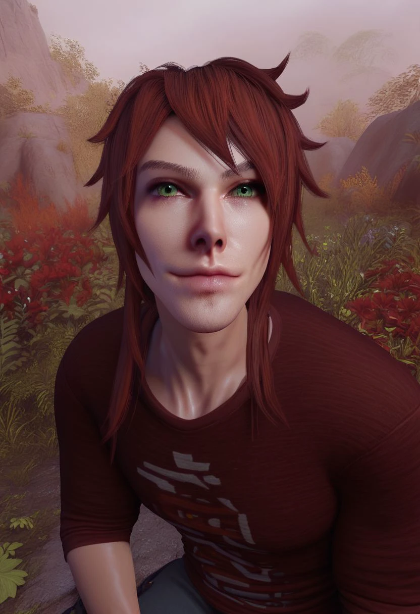 rpskxzt, solo, realistic, 1boy, red hair, long hair,  green eyes, looking at viewer, outdoors, sidelighting,  score_9, score_8_up, score_7_up, score_6_up, score_5_up, score_4_up