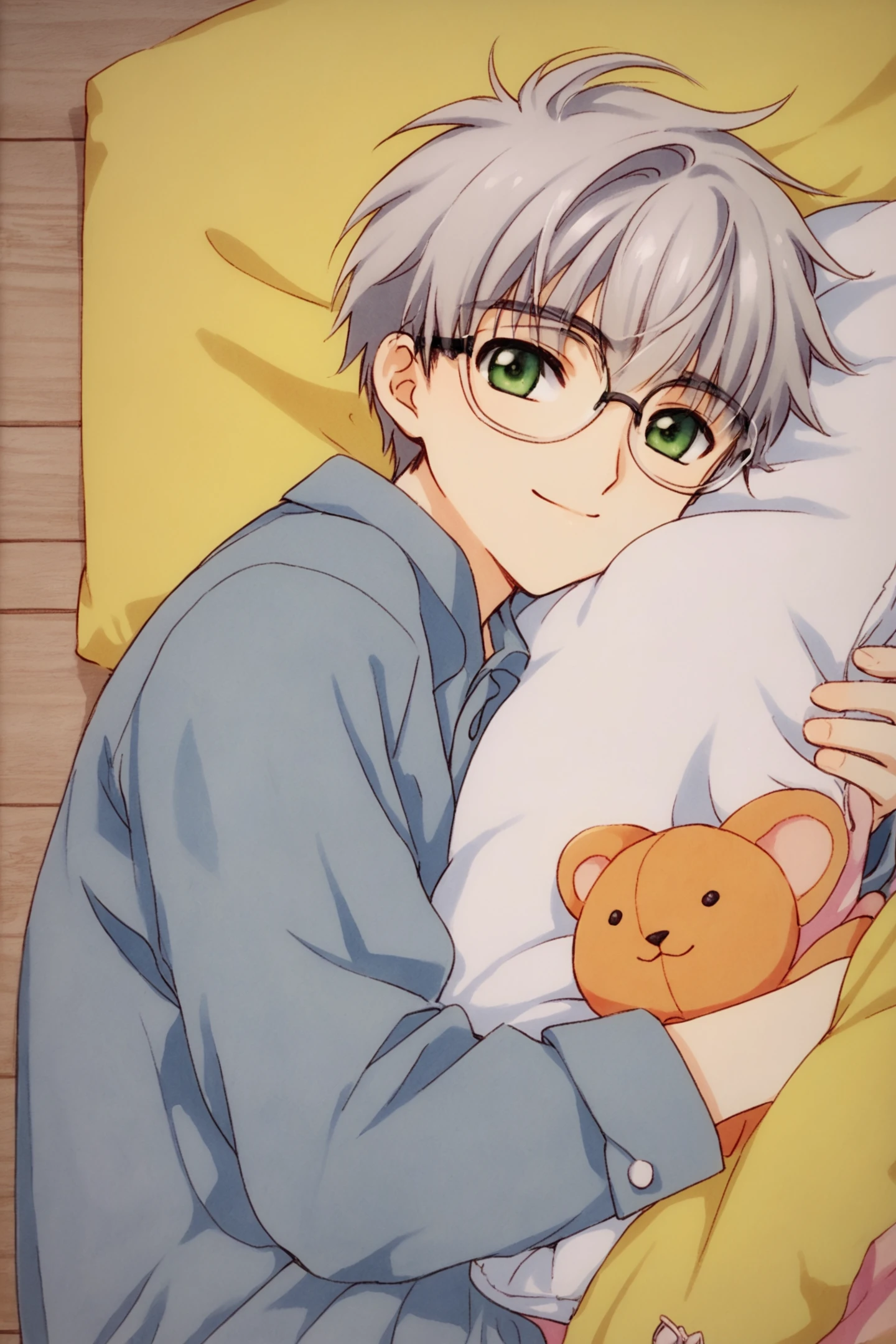 1boy,male focus,solo,feathers,glasses,stuffed toy,pillow,smile,white feathers,long sleeves,stuffed animal,green eyes,stuffed bunny,holding,looking at viewer,grey hair,lying,traditional media,closed mouth,pajamas,yellow background,bangs,upper body,under covers,short hair,score_9,score_8_up,<lora:Card Captor Sakura_XL_PONY:0.8>,