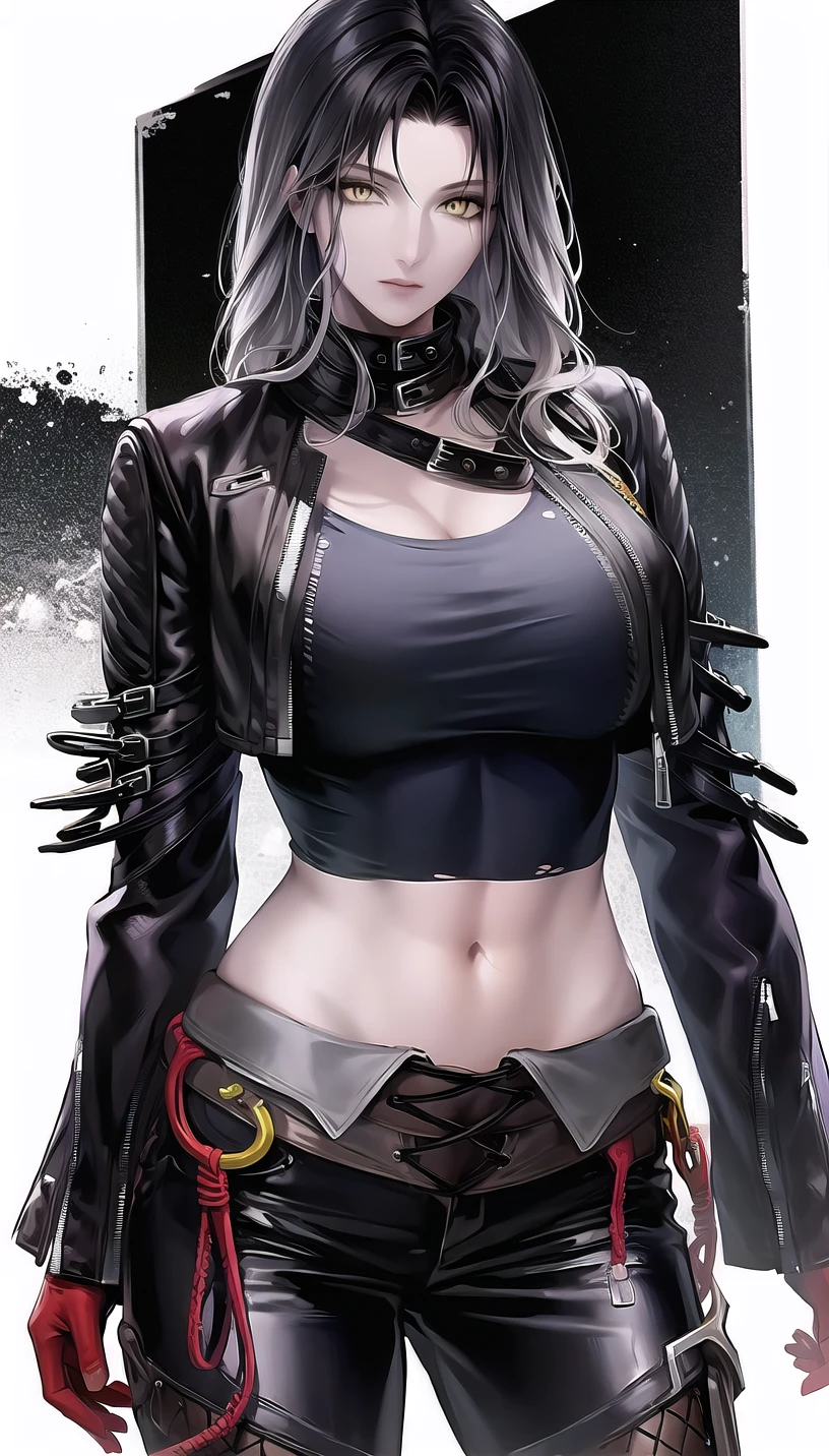 grey hair, yellow eyes, 
red gloves,open jacket, black pants, tank top,
lady,mature female, cowboy shot,
(white background,simple background:1.18),
highres,official art,original,masterpiece,best quality,
huge breasts,
 <lora:Angell2:0.8>