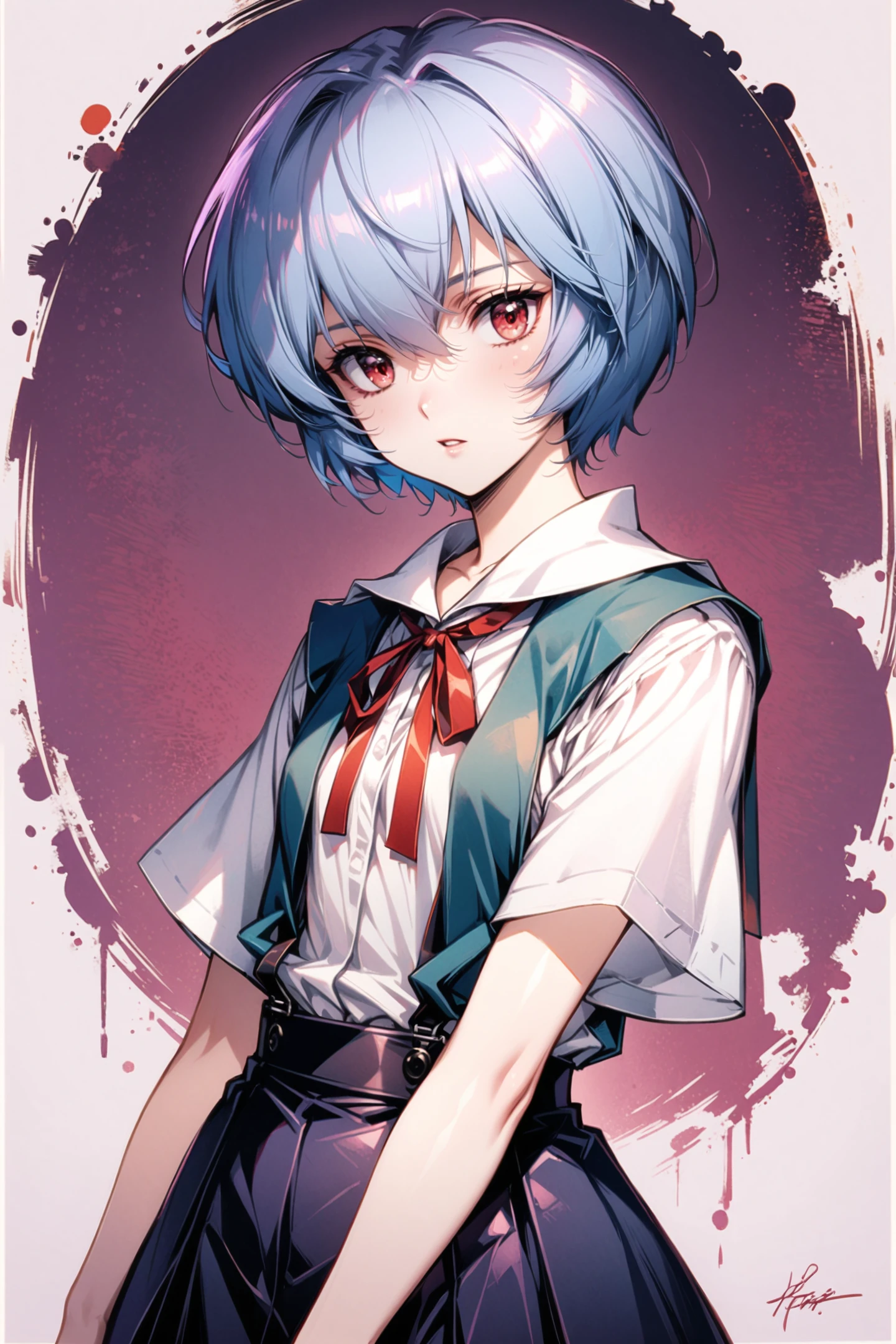 1girl,ayanami rei,solo,red eyes,short hair,school uniform,blue hair,tokyo-3 middle school uniform,signature,short sleeves,hair between eyes,suspender skirt,purple background,bangs,purple theme,shirt,cowboy shot,looking to the side,skirt,white shirt,looking at viewer,parted lips,suspenders,<lora:flyx3_XL:1>,