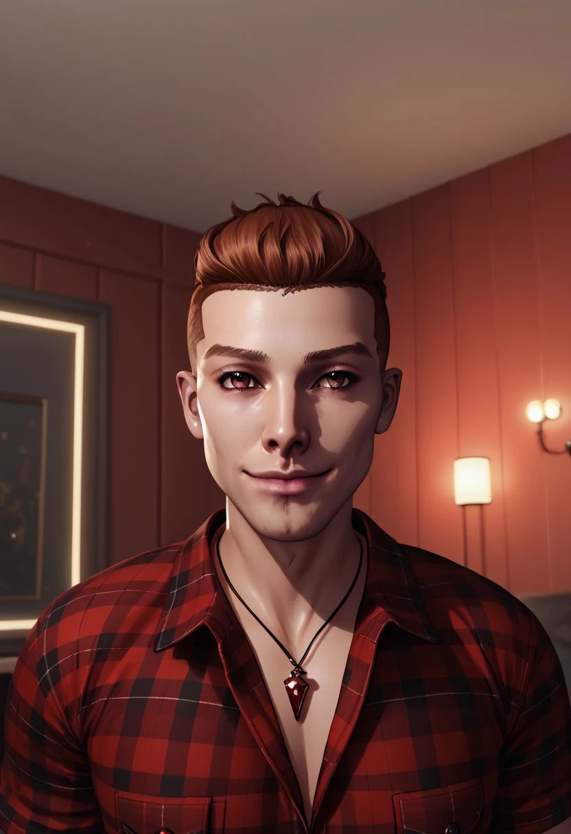 rpskxzt, solo, shirt, brown eyes, jewelry, necklace, red shirt, brown hair, plaid shirt, 1boy, male focus, indoors, plaid, upper body, realistic, smile, rembrandt lighting, red lights, sidelighting, score_9, score_8_up, score_7_up, score_6_up, score_5_up, score_4_up