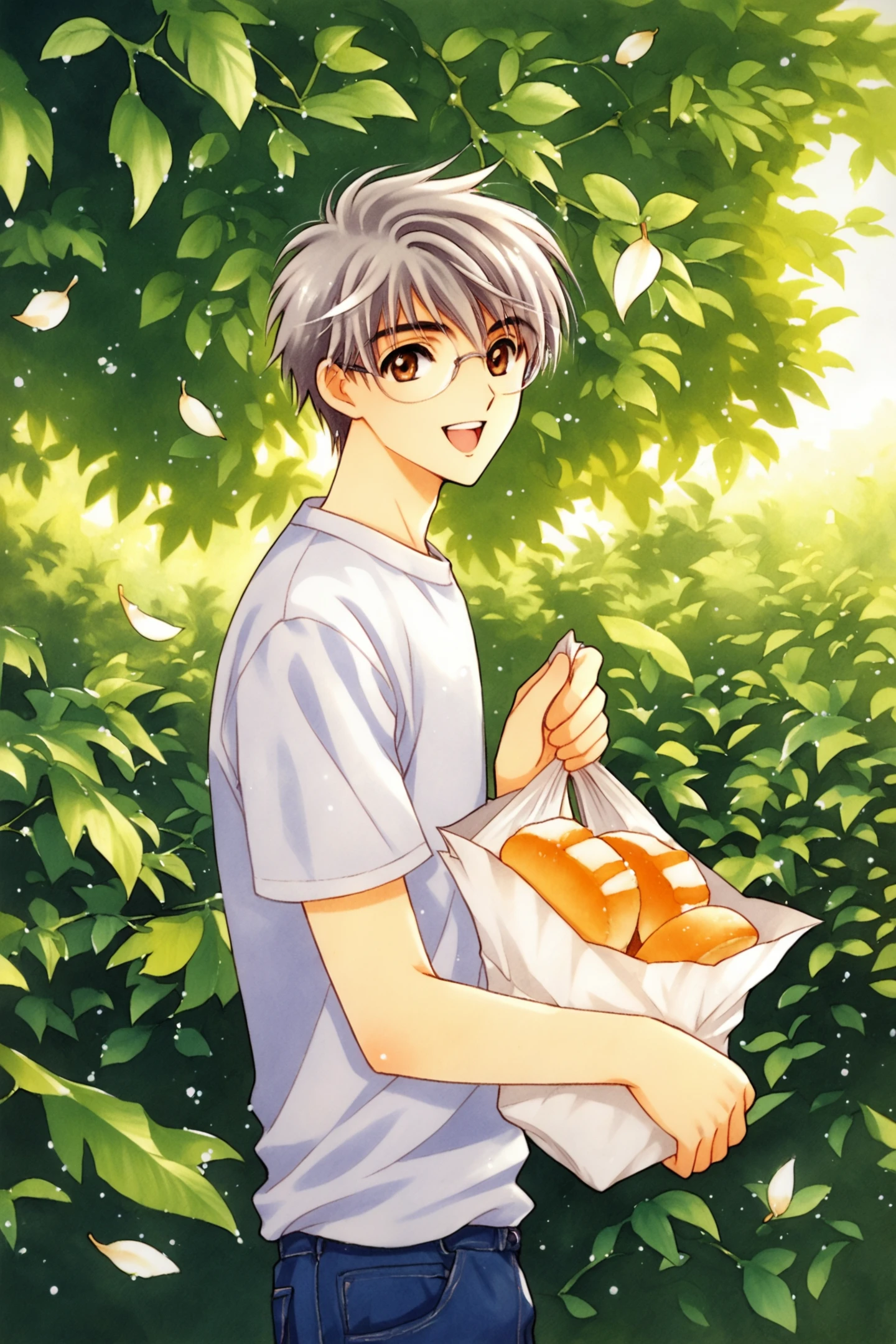 1boy,solo,male focus,food,glasses,bag,smile,bread,shirt,grocery bag,white shirt,looking at viewer,open mouth,holding,outdoors,brown eyes,grey hair,paper bag,shopping bag,:d,fruit,short sleeves,from side,pants,baguette,day,sunlight,leaf,traditional media,score_9,score_8_up,<lora:Card Captor Sakura_XL_PONY:0.8>,