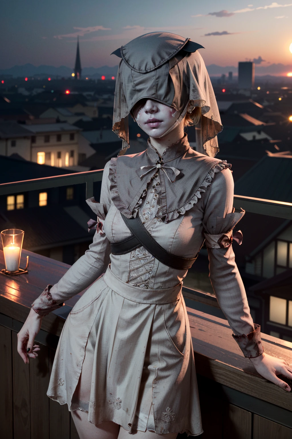 ((ultra detailed, masterpiece, absurdres))
<lora:BGNNurse:0.8>
BGNNurse,1girl,grey skin, covered eyes, pale skin, bruises, veil, overlooking the city from a rooftop bar at night, chic outfit, standing