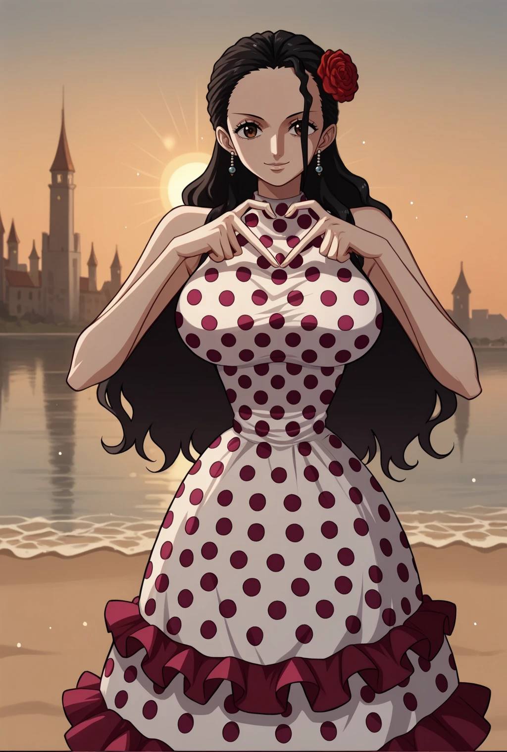 score_9, score_8_up, source_anime BREAK solo, looking at viewer, cowboy shot,
<lora:ViolaPdxlDwnsty-000008:1>, violaop, brown eyes, black hair, long hair, hair slicked back, earrings, hair flower, polka dot dress, sleeveless dress, frilled dress, jewelry, heart fingers, heart hands, <lora:Heart_Fingers__Concept_Lora-000007:1>,
smile, curvy, large breasts,
city, sand, medieval, sun, sunlight,