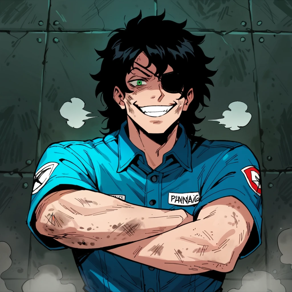 score_9, score_8_up, score_7_up, SIGMAVLR, 1boy, solo, black hair, green eyes, eye patch, covered eye, blue jumpsuit, musk, underground, reek, dirty, maniac, evil smile