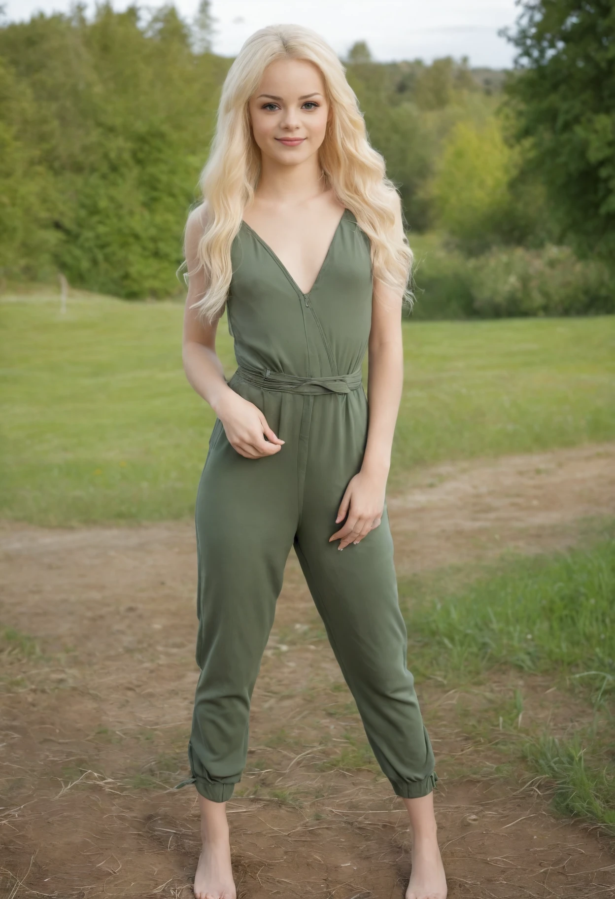 <lora:elsajean-XL:1> elsajean a petite woman wearing jumpsuit in countryside