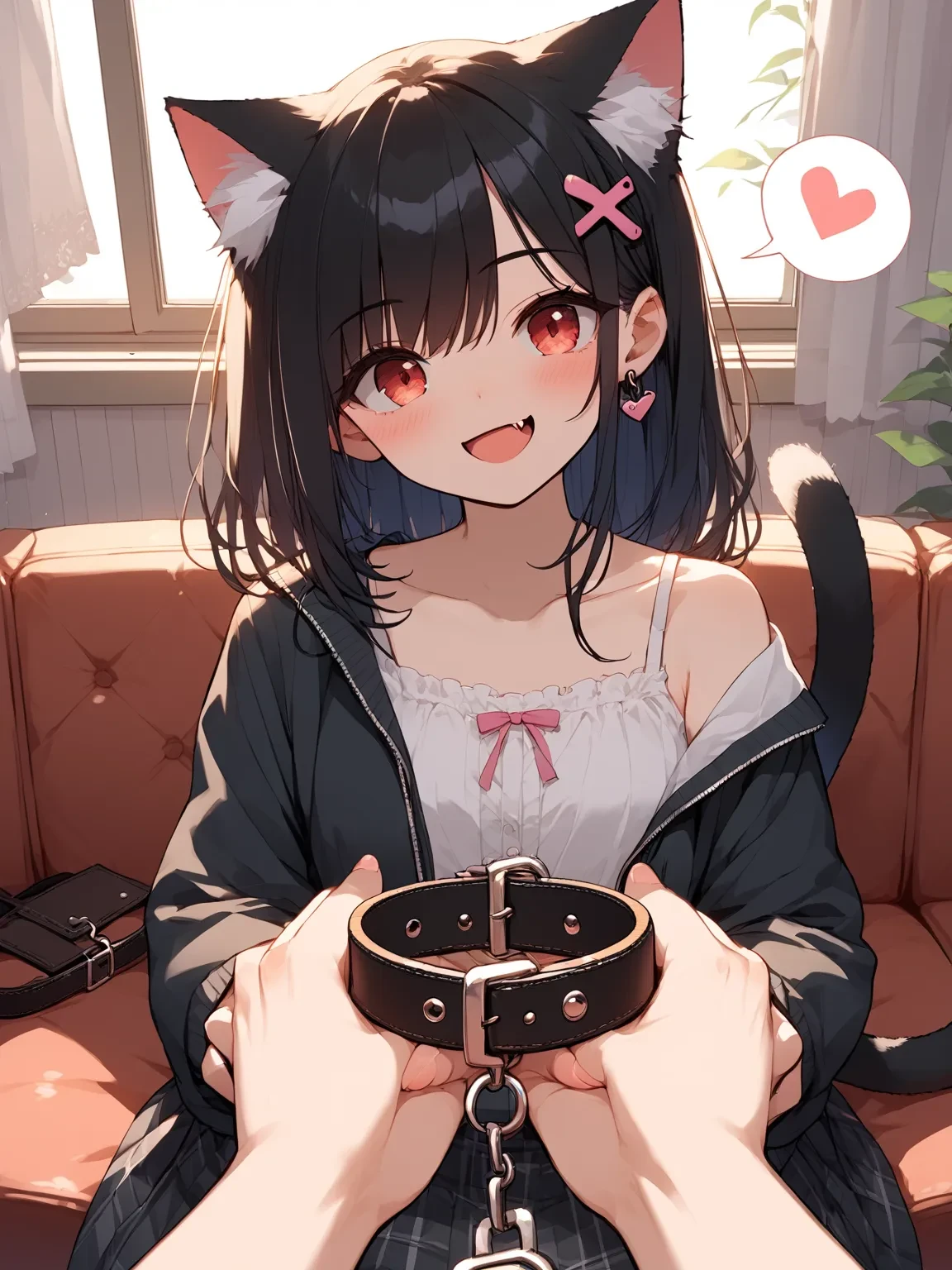 1girl,
(collar on her palms, grab collar), collar, holding,
(pov), (cat ear),(cat red eyes), (cat tail ornament, ring),(head tilt), (black hair:1.5), (x hairpin),(fang), gothic jacket, (spoken heart:1.5), smile, (happy), kind, blush, collarbone, looking at viewer, sitting on sofa, in room, score_9, score_8_up, score_7_up, source_anime, rating_explicit, best quality, masterpiece, uncensored
<lora:collar4u-v3-pony-000010:1>