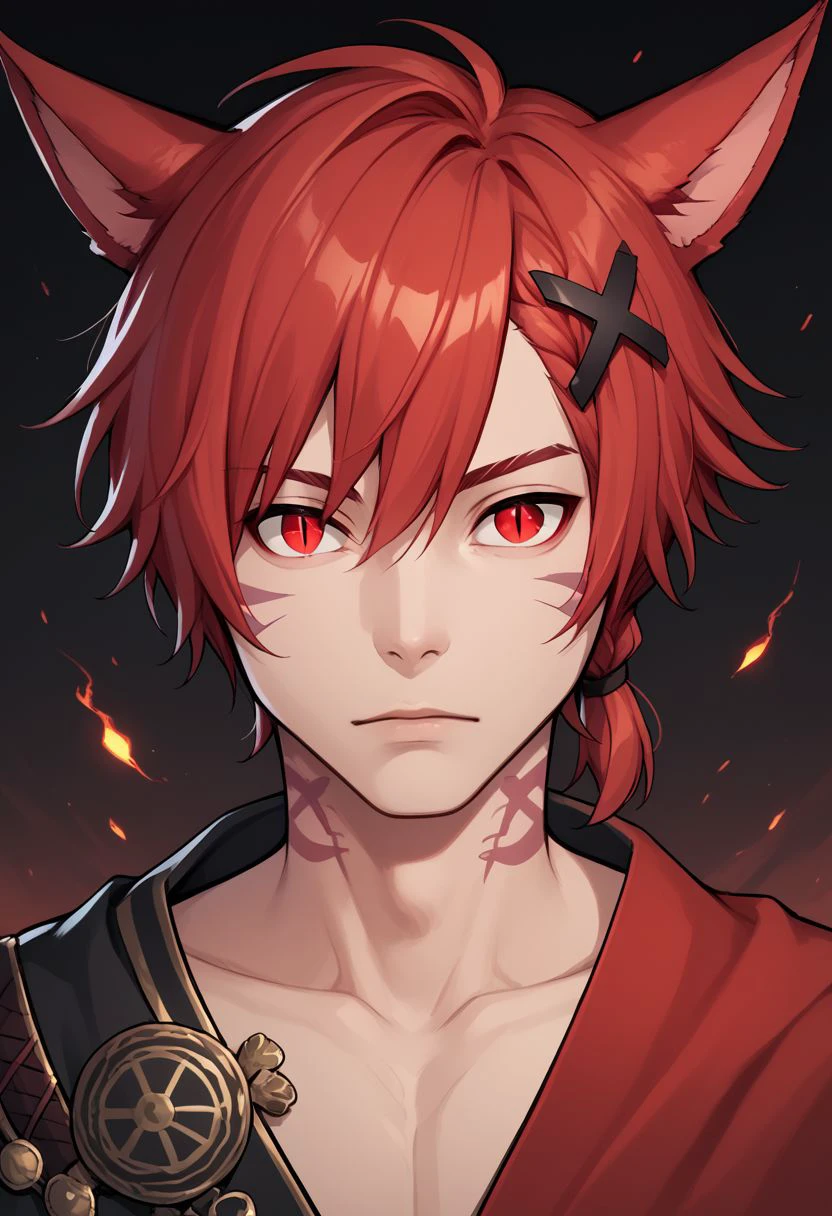 grahatiaffxivdsk, 1boy, male focus, solo, animal ears, red eyes, red hair, tattoo, miqo'te, neck tattoo, cat ears, looking at viewer, hair between eyes, facial mark, hair ornament, x hair ornament, bangs, holding, glowing, slit pupils, braid, short hair, portrait, jewelry, short ponytail, PonyXLV6_Scores zPDXL