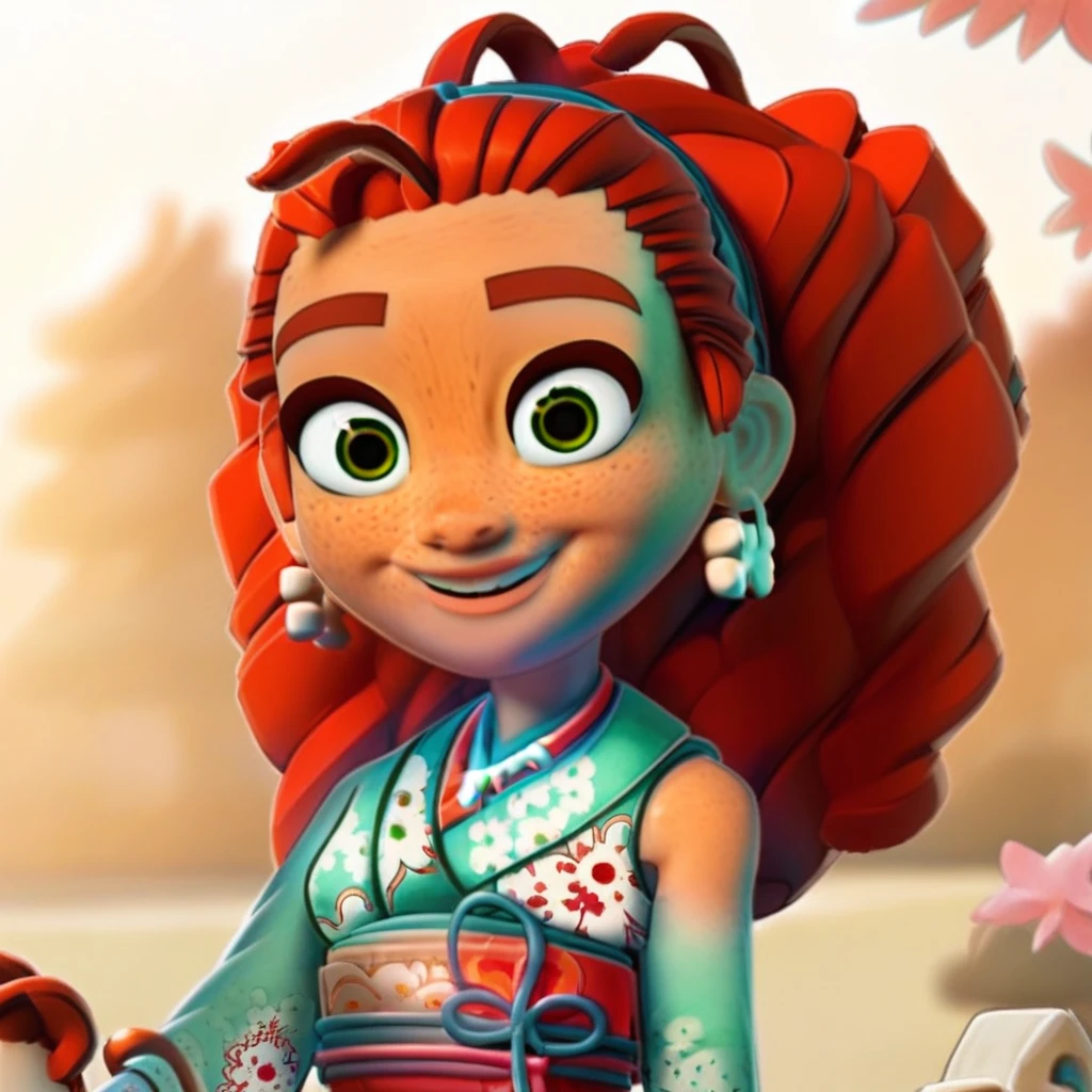 thick lips, long orange hair, green eyes, bone necklace, sleeveless, smile, long hair, blurry background, 1girl, japanese clothes, hairband, freckles, necklace, curly hair, red hair, kimono, barefoot