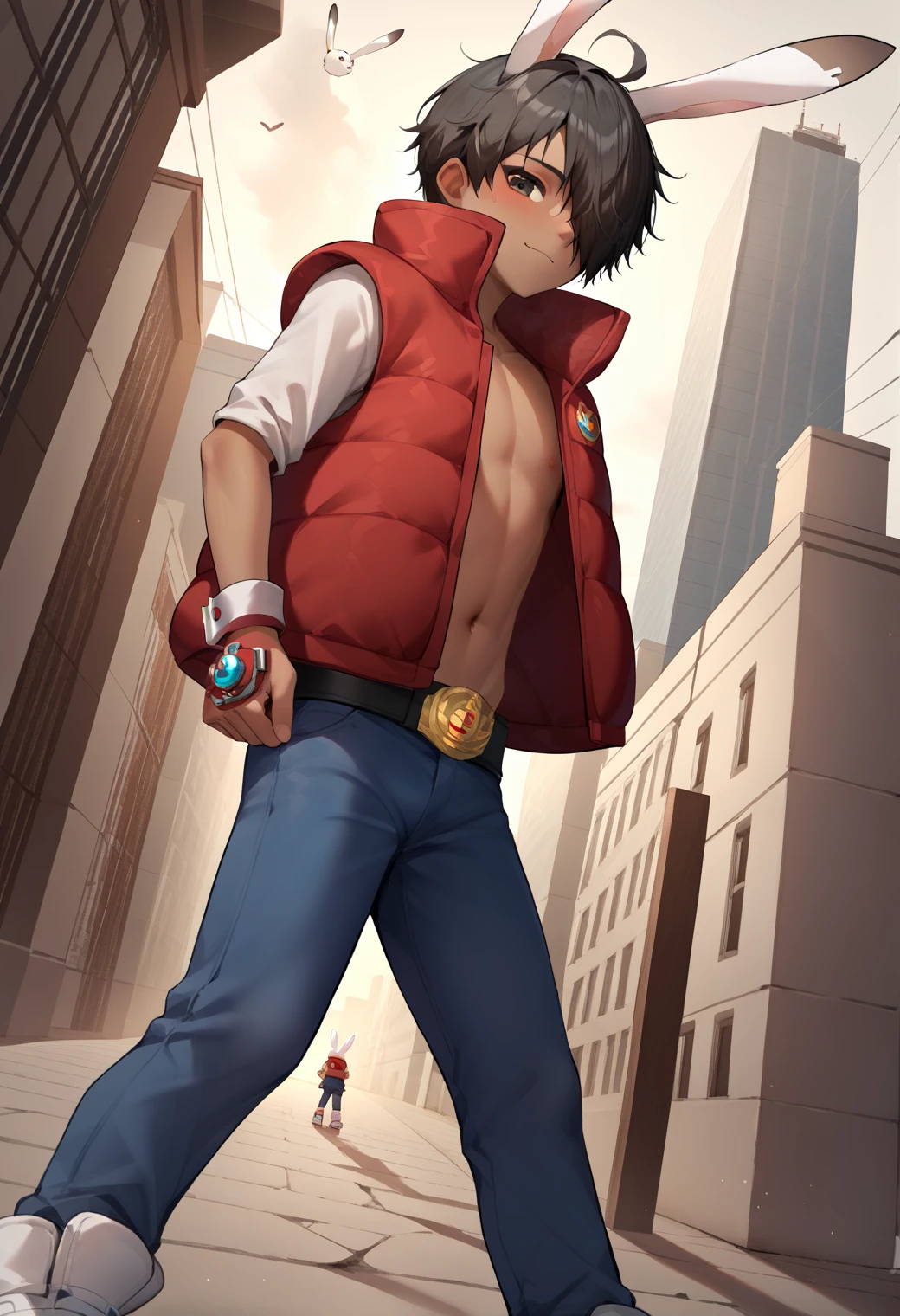 score_9_up, score_8_up, score_7_up, score_6_up, score_9, cute, 1boy, kazuma_king, black hair, dark brown eyes, bunny ears,red vest, blue jeans, hair over one eye, white shoes, bunny tail, championship belt, googles, best quality, amazing quality, best aesthetic, absurdres ,source_anime, source_, score_5_up<lora:EMS-361293-EMS:1.000000>