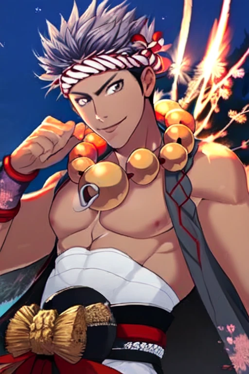 (masterpiece),(best_quality),fireworks,at night,1boy,bara,kongoutou,close mouth,smile,nejiri hachimaki,bead necklace,bare shoulders,bracers,pectorals,sarashi,shimenawa belt,spider lily print japanese clothes,<lora:Kongoutou:1>,