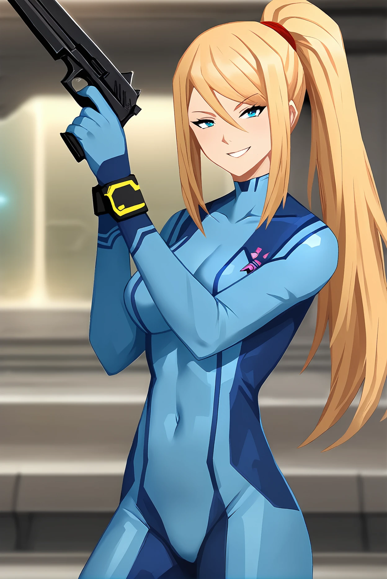 (masterpiece, best quality:1.2), cowboy shot, solo, 1girl, esmeralda tusspells, smile, looking at viewer, hand on hip, pink hair, braid, red eyes, witch hat, zero suit, blue gloves <lora:aa_tusspells:0.8> <lora:zerosuit-nvwls-v1-final:1>