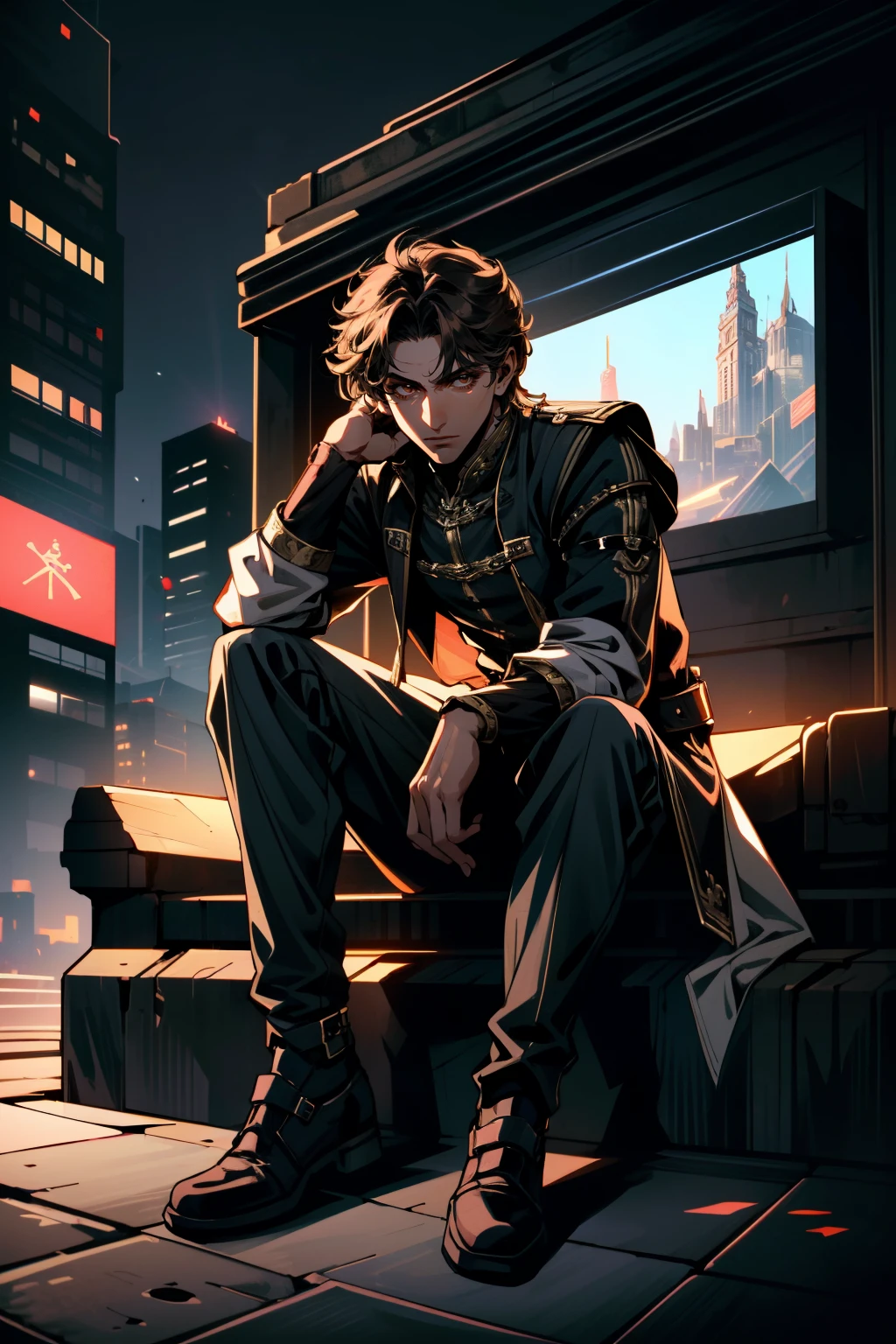 ((ultra detailed, masterpiece, absurdres))
<lora:BGRaphael:0.8>
BGRaphael, 1boy, medium hair, brown hair, brown eyes, full body, sitting, Urban rooftop with neon-lit billboards, dynamic lighting, modern and edgy cityscape
