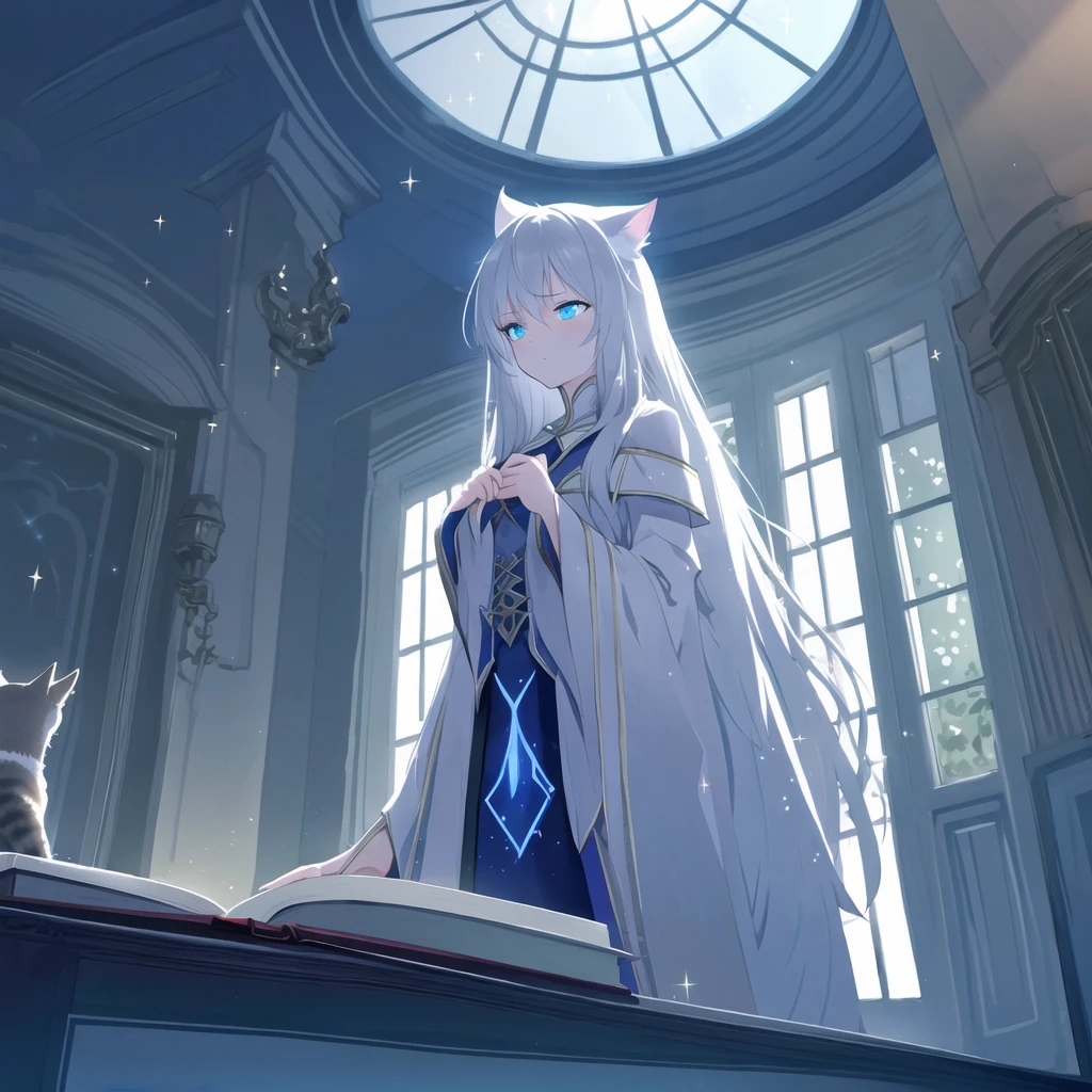 watercolor, cat girl with blue eyes and long silver hair deep in thought, scholar, sorceress studying, moody lighting, tranquil, calm, glow, glowing, mystical, magical, rim lighting, fantasy, sunbeam, soft lighting, sparkle, glittering, indoors, from below, night,