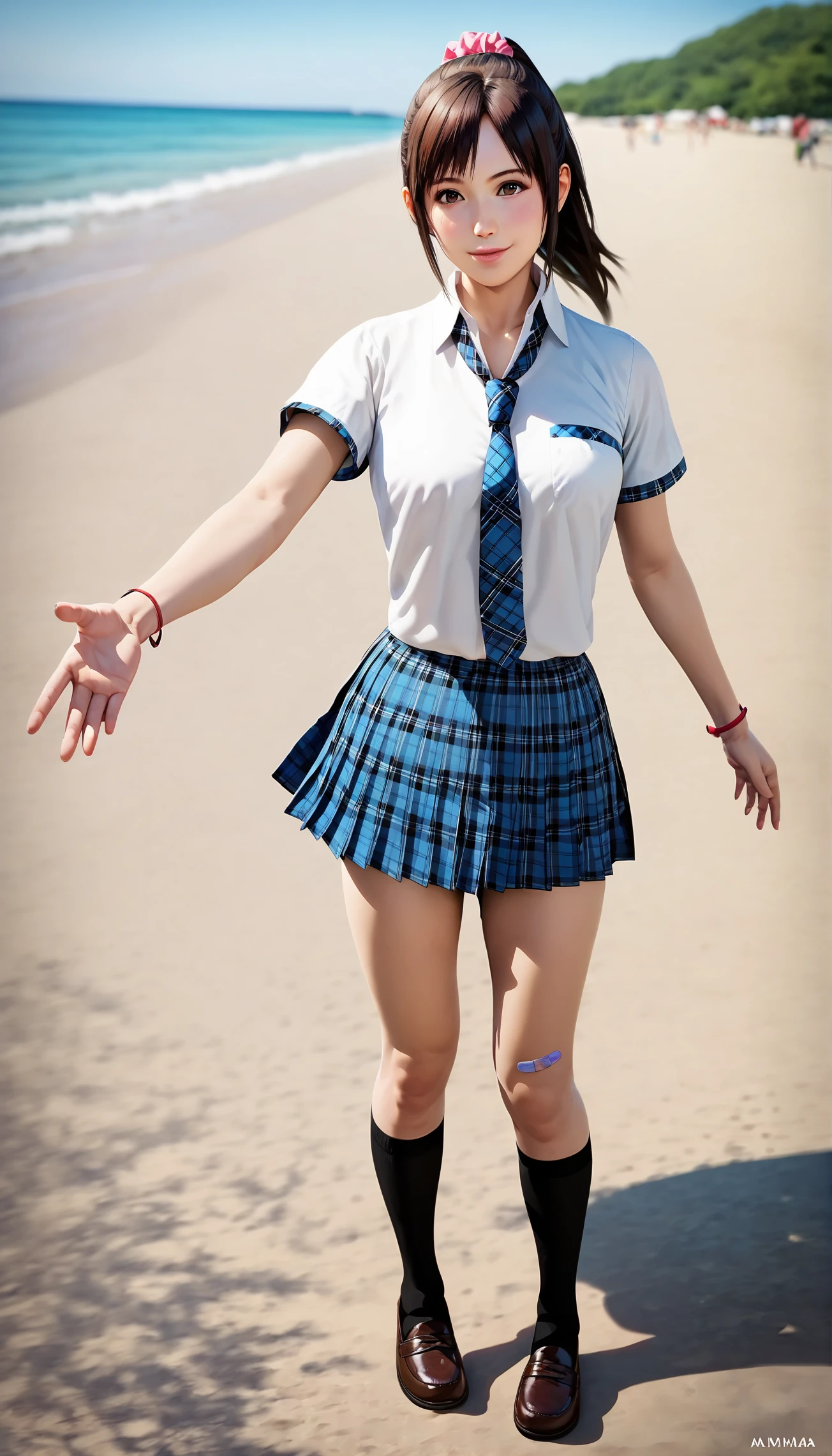score_9,score_8_up,score_7_up,
<lora:miiyamotoHikari:0.8>,miiyamotohikari,1girl,solo,
vignetting,blurry background,
black hair,ponytail,bangs,scrunchie,pink scrunchie,
brown eyes,
school uniform,white shirt,skirt,pleated skirt,plaid skirt,blue plaid skirt,necktie,plaid necktie,blue plaid necktie,wristband,red wristband,kneehighs,black kneehighs,bandaid on knee,
shoes,leather shoes,
looking at viewer,smile,lips,
medium ,thick thighs,best hips,
outdoors,sea,stone road,
standing,reaching right hand,reaching right hand to viewer,left hand down,front view,full body,