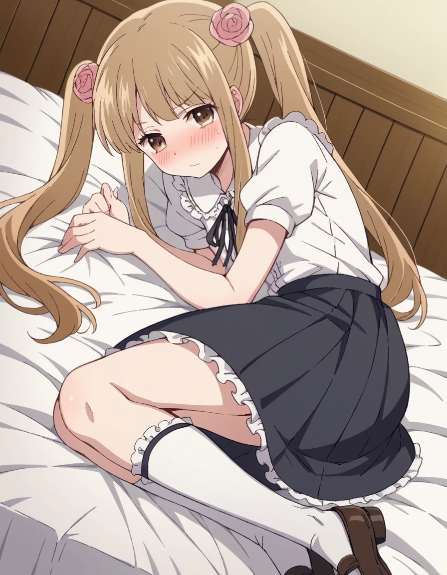 score_9, score_8_up, score_7_up, source_anime,
norikokamomebata, <lora:noriko-kamomebata-s1-ponyxl-lora-nochekaiser:1>,
noriko kamomebata, long hair, blonde hair, brown hair, hair ornament, twintails, brown eyes, flower, hair flower,
skirt, shirt, ribbon, short sleeves, frills, shoes, socks, puffy sleeves, black skirt, neck ribbon, white socks, mary janes, frilled socks,
indoors, bed, bed room, on side, blush, drunk,
looking at viewer, cowboy shot, dutch angle, solo,